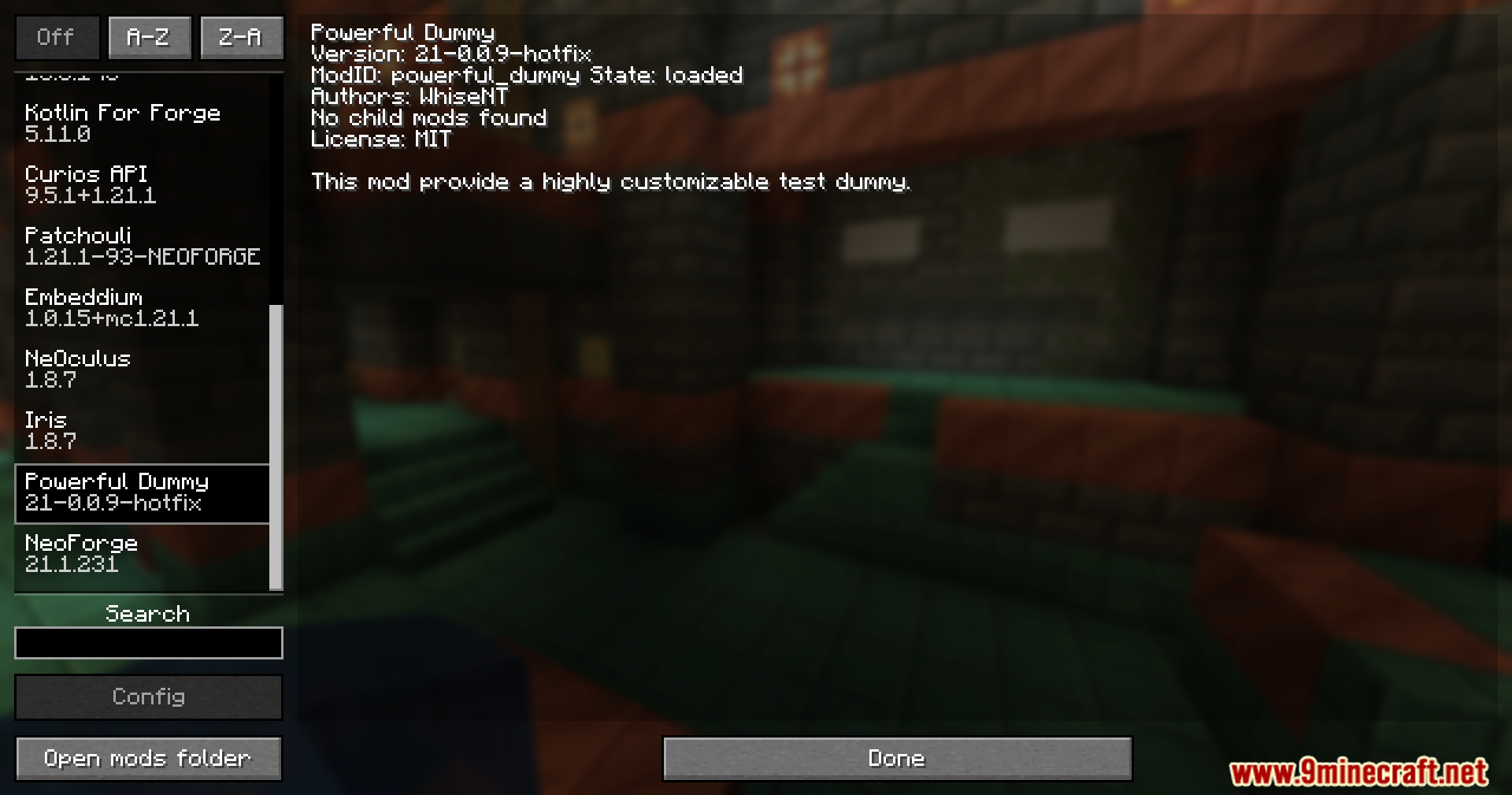 Minecraft mod menu screen showing the Powerful Dummy mod information and version