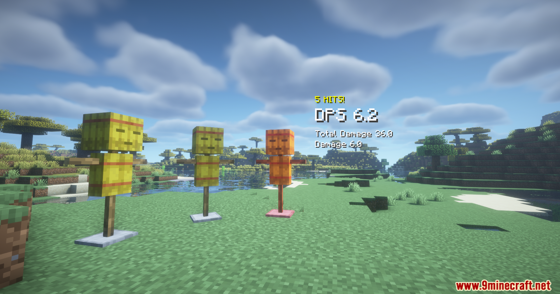 Three training dummies from the Powerful Dummy Mod standing in a field