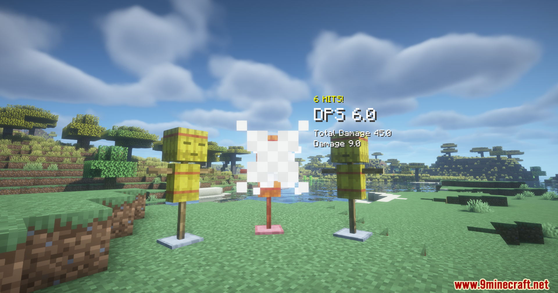 Three practice dummies in a field displaying floating damage and DPS statistics