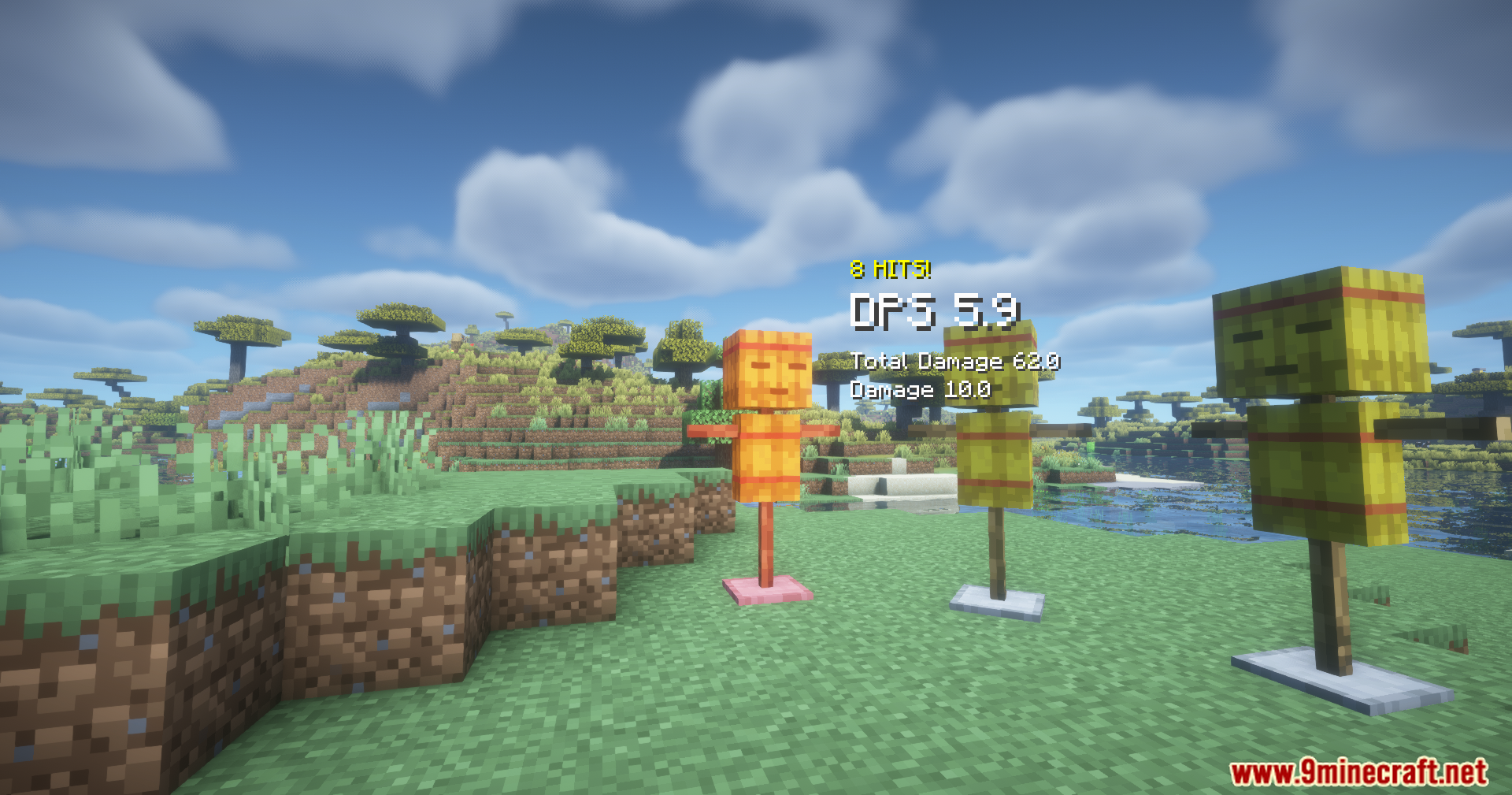 A straw dummy turns orange while showing hit counts and damage values