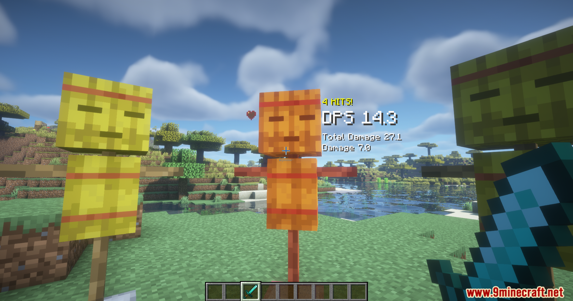 A player hits one of three straw dummies with a diamond sword