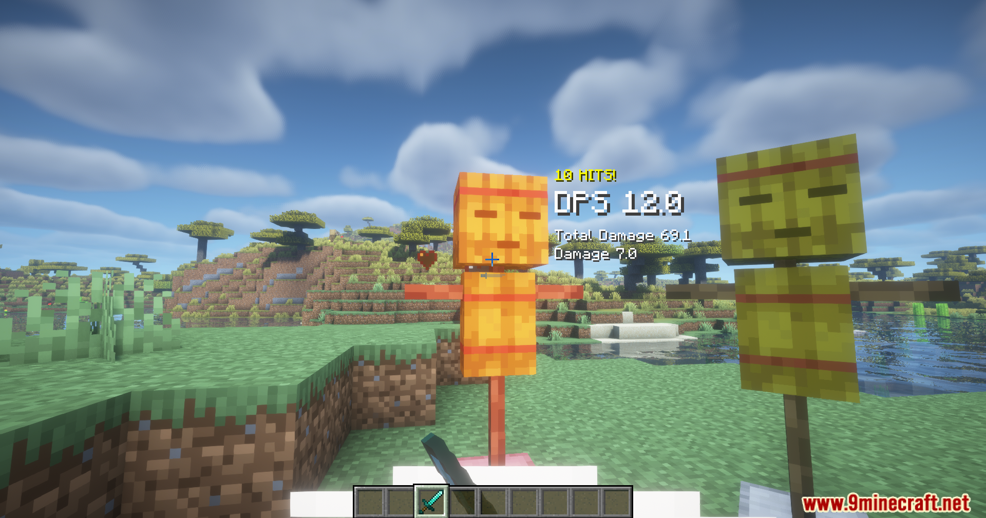 Testing the Powerful Dummy Mod by hitting a straw target with a sword