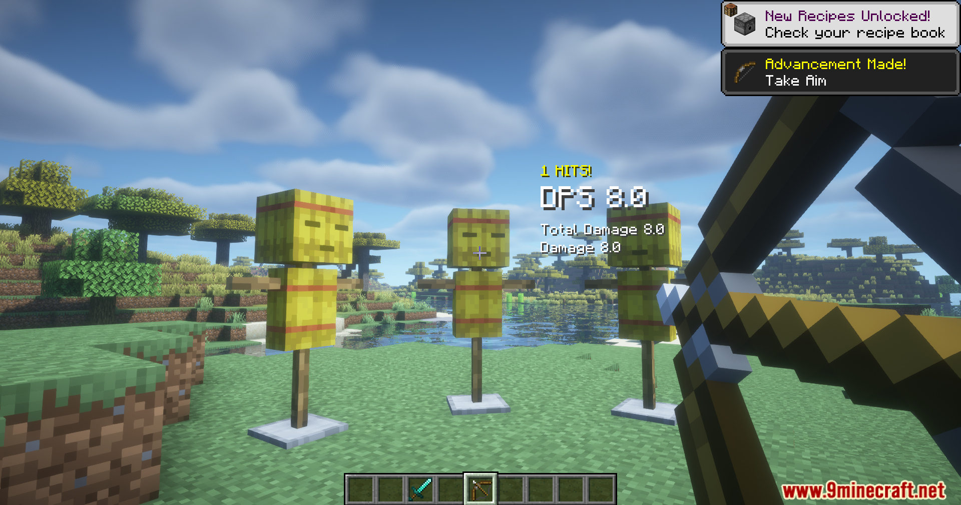 A player aims a bow at straw dummies to test ranged weapon stats