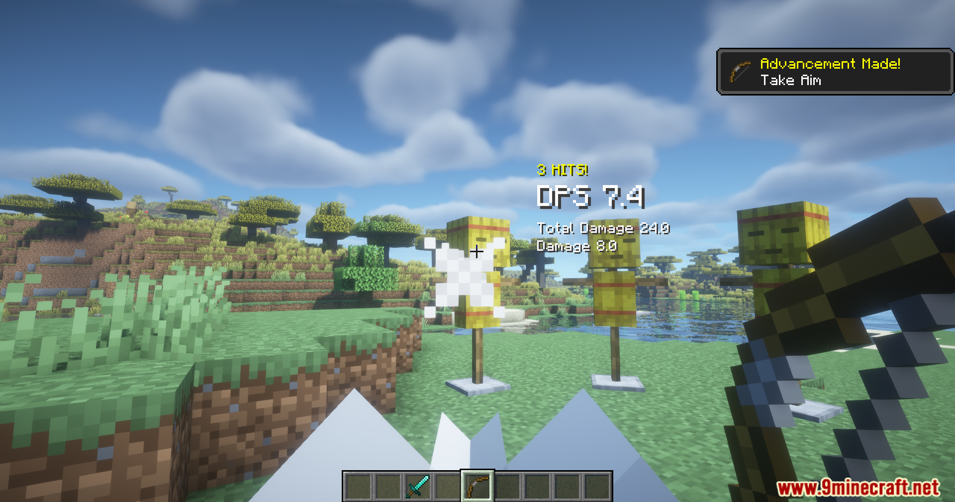A player aims a bow at a training dummy showing damage statistics
