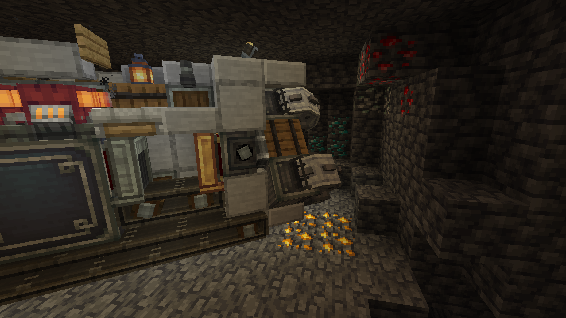 Practical Compact Mining Machine Schematic Screenshots 1 The mining machine drilling through deepslate and ores inside a dark cave