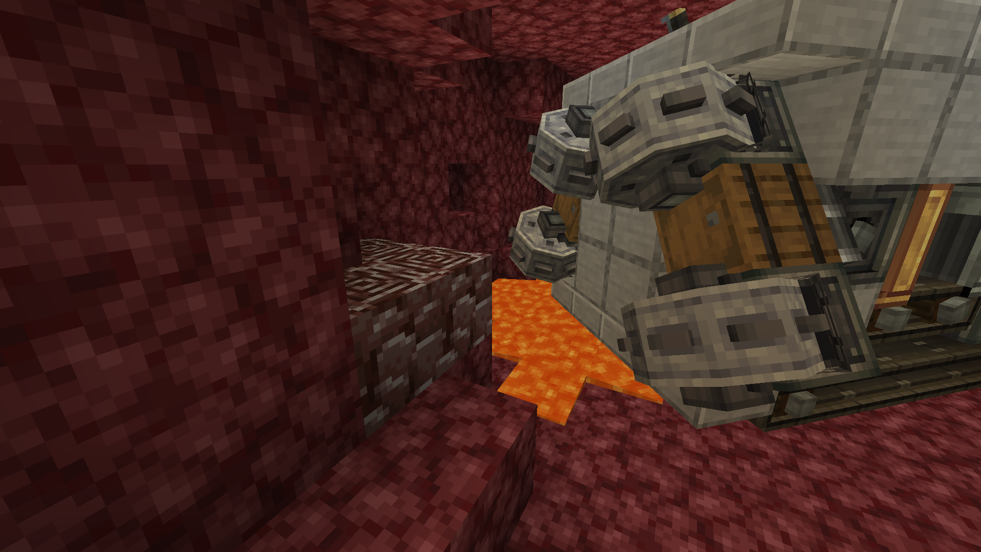 Practical Compact Mining Machine Schematic Screenshots 2 Mechanical mining machine with drills operating in the Nether near a lava pool