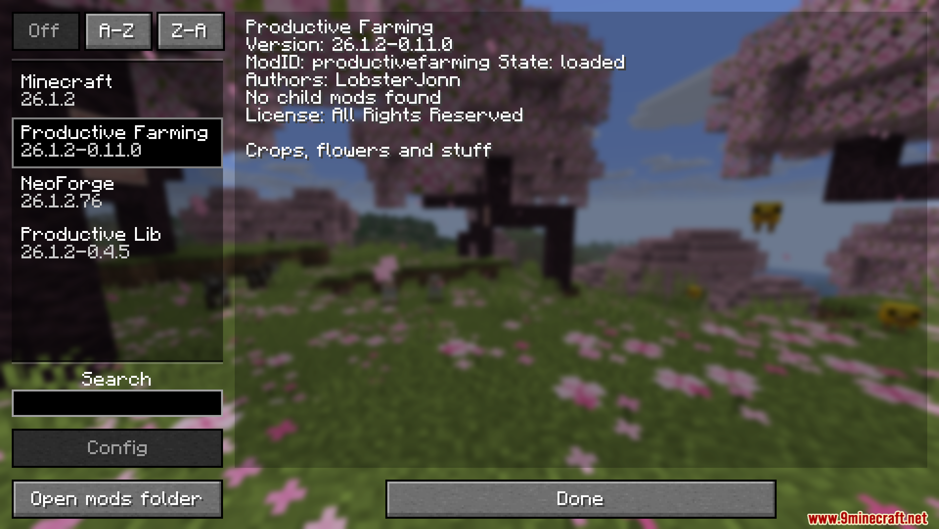 Productive Farming Mod Screenshot 1 Minecraft mod menu screen displaying a list of installed game mods