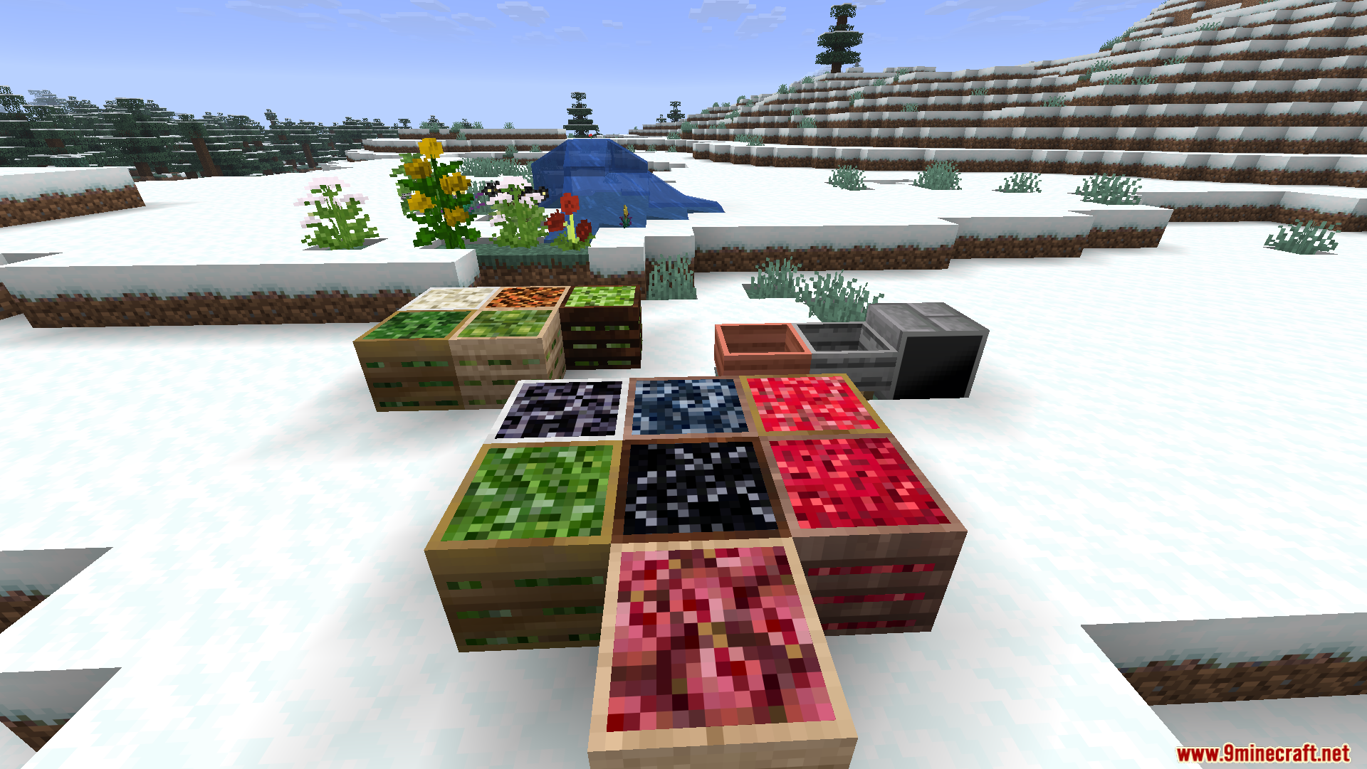 Productive Farming Mod Screenshot 10 Various colorful crop blocks and flowers from the Productive Farming Mod