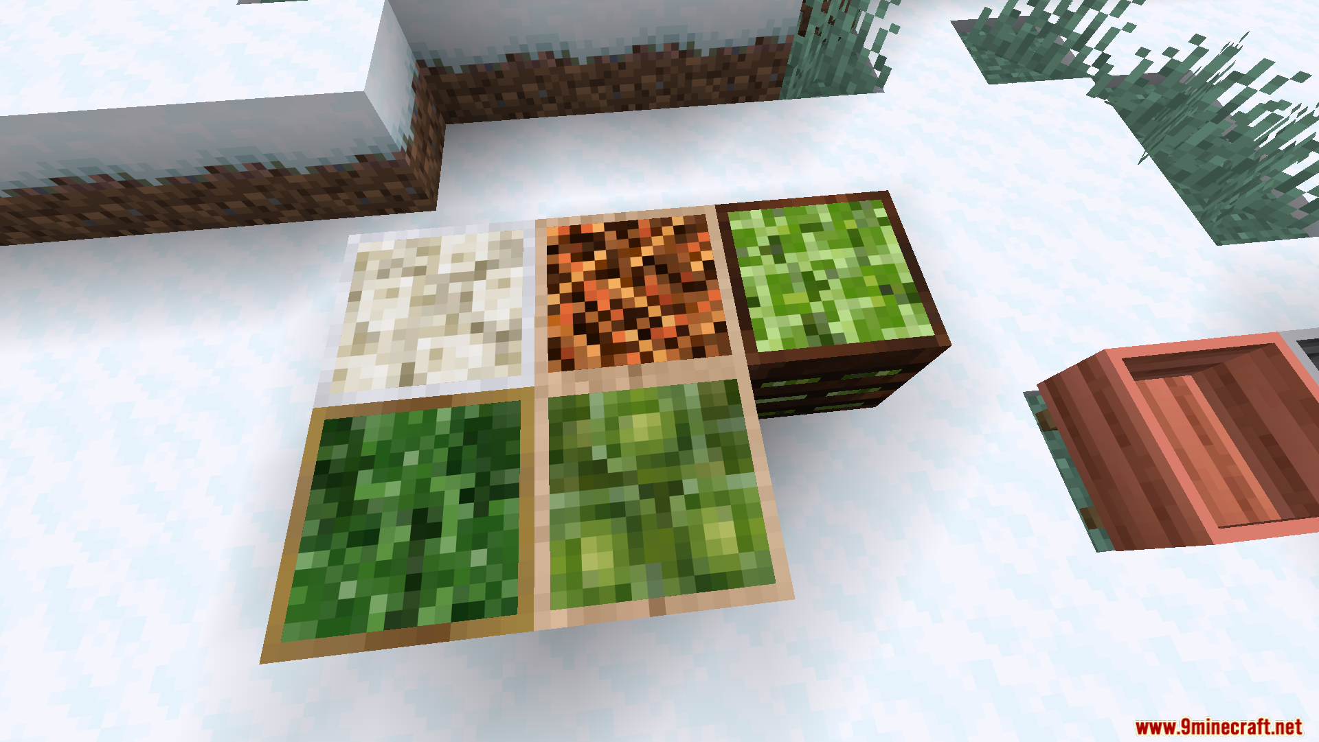 Productive Farming Mod Screenshot 4 Several different crop blocks arranged on a snowy surface in Minecraft