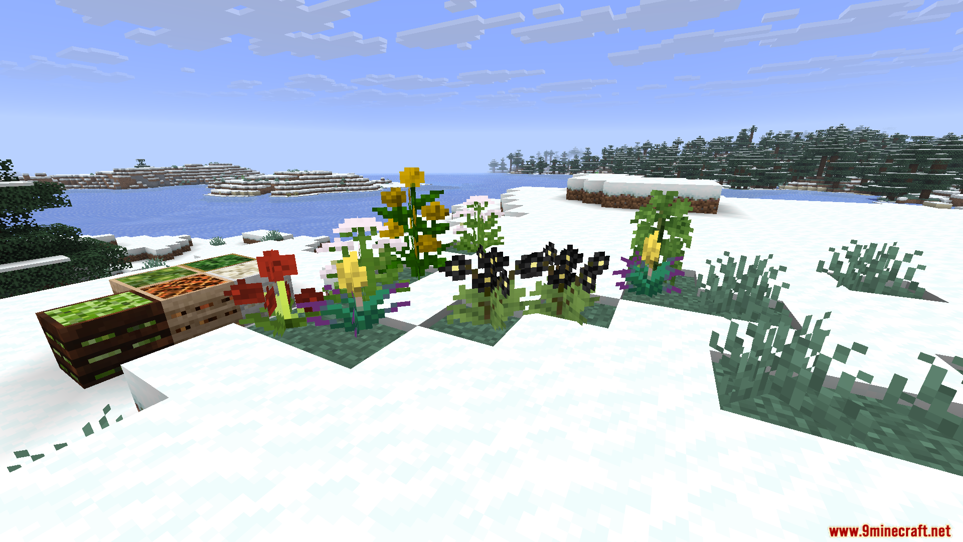 Productive Farming Mod Screenshot 5 Custom crops and flowers growing next to wooden planters in a snowy biome
