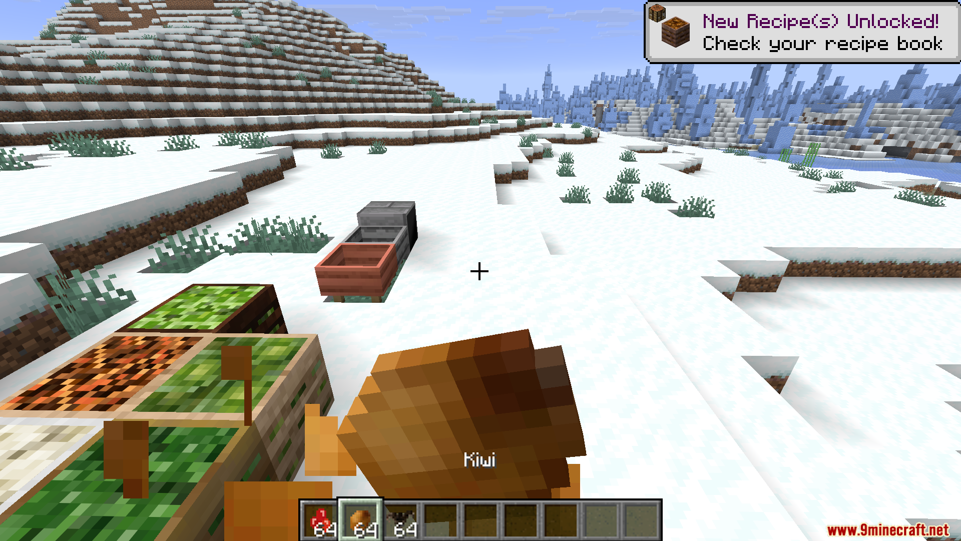 Productive Farming Mod Screenshot 8 Player holding a kiwi fruit in a snowy biome with farming blocks