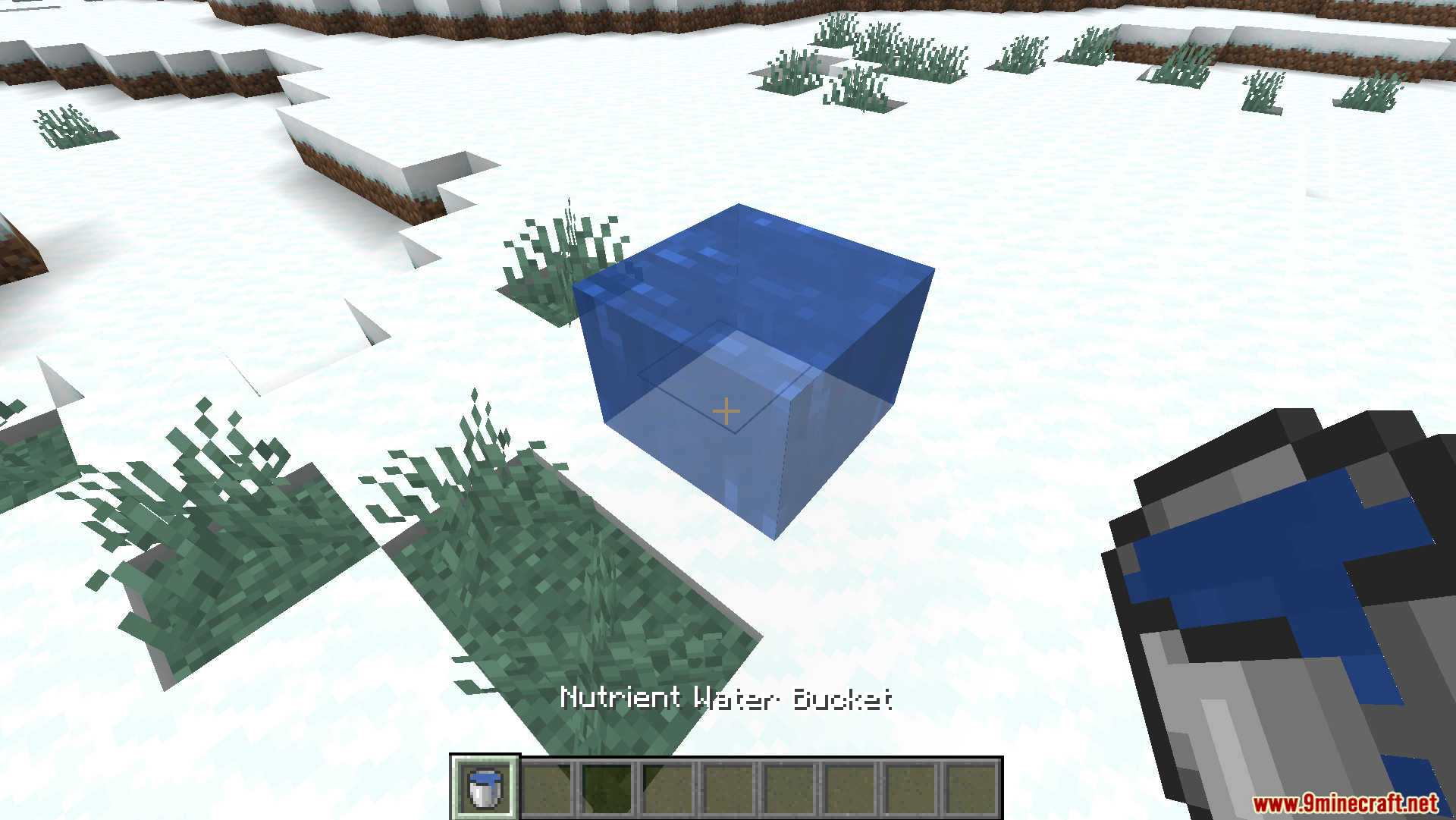 Productive Farming Mod Screenshot 9 A player holding a nutrient water bucket near a placed water block