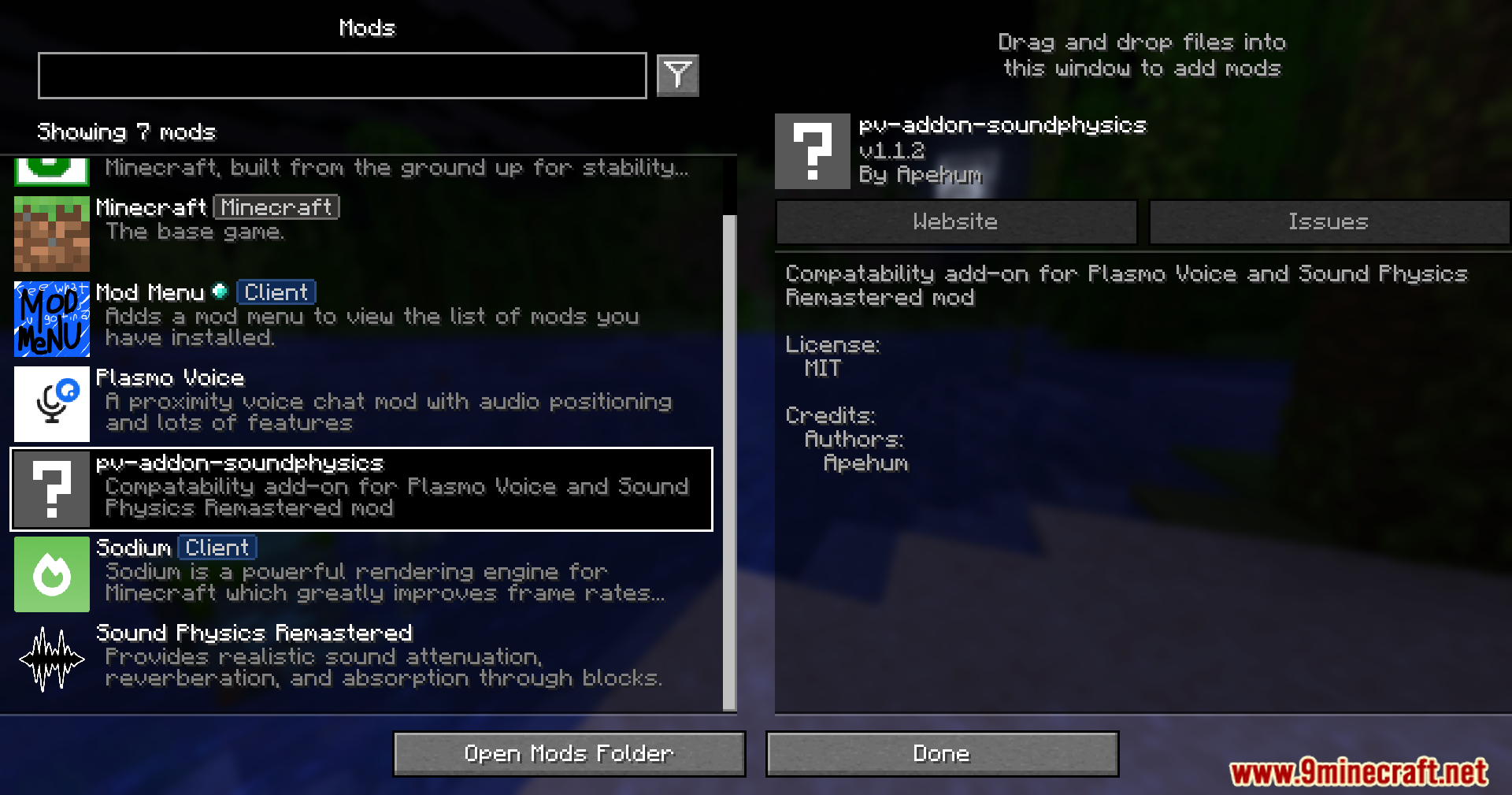 Pv Addon Soundphysics Mod Screenshot 1 A Minecraft mod menu displaying the installed sound physics compatibility addon
