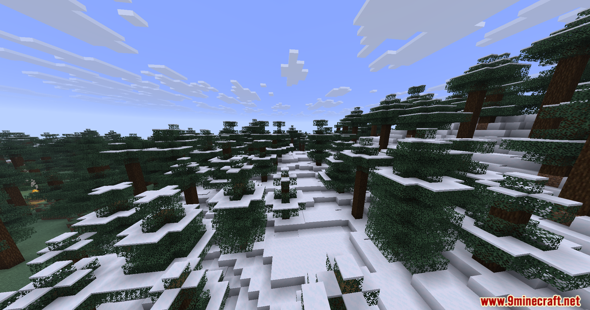 Pv Addon Soundphysics Mod Screenshot 5 A vast snowy spruce forest biome with trees covered in thick white snow
