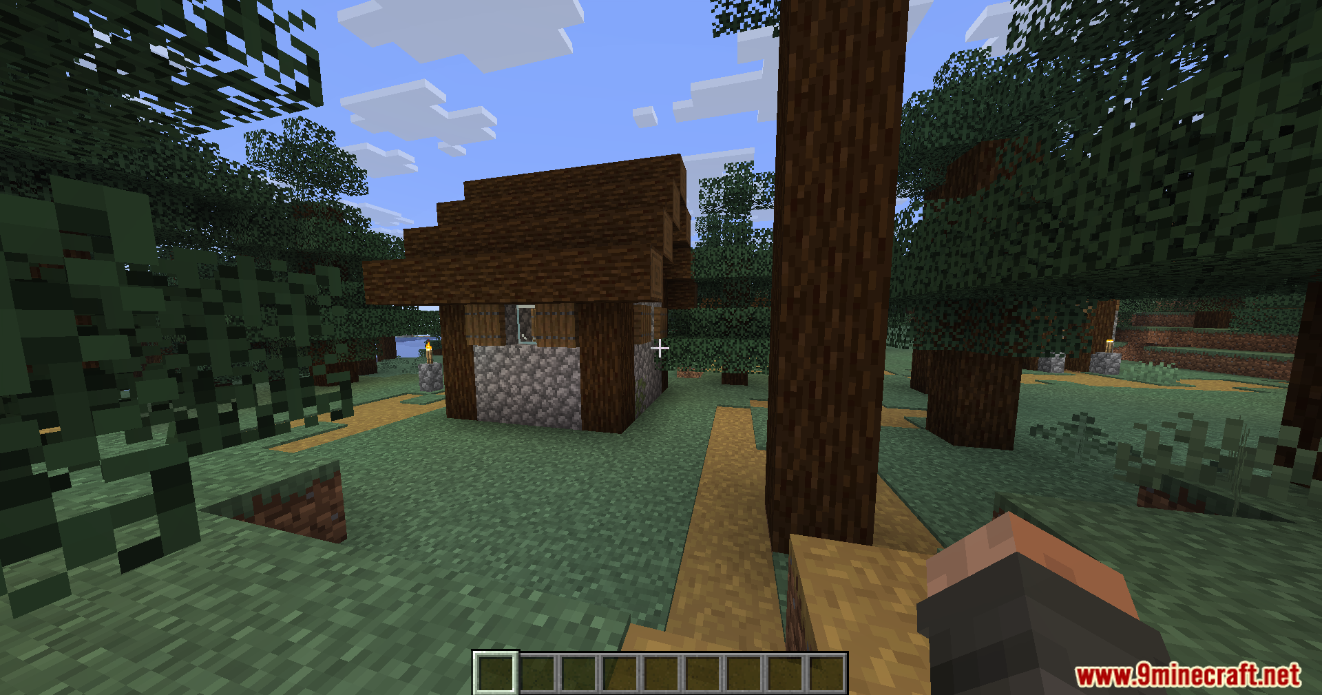 Pv Addon Soundphysics Mod Screenshot 6 A small wooden house built with cobblestone and spruce wood in a forest
