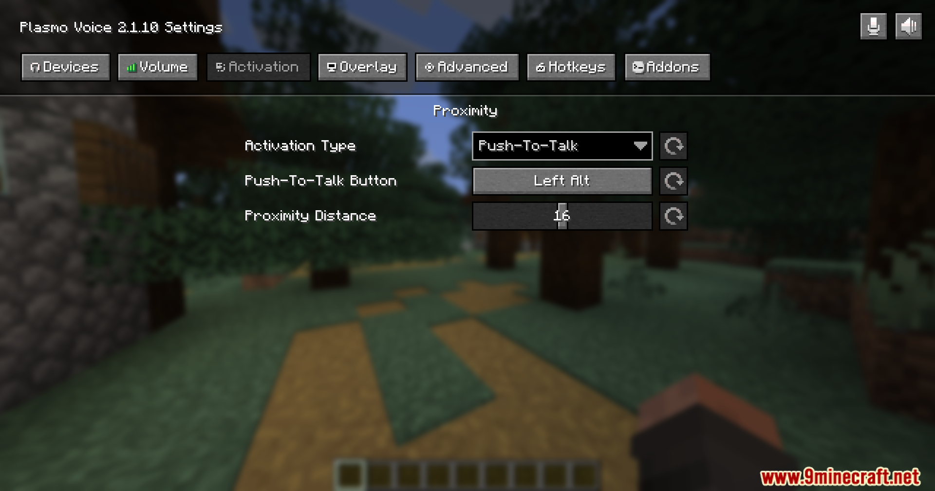 Pv Addon Soundphysics Mod Screenshot 8 Proximity settings interface for Plasmo Voice mod showing push to talk activation options