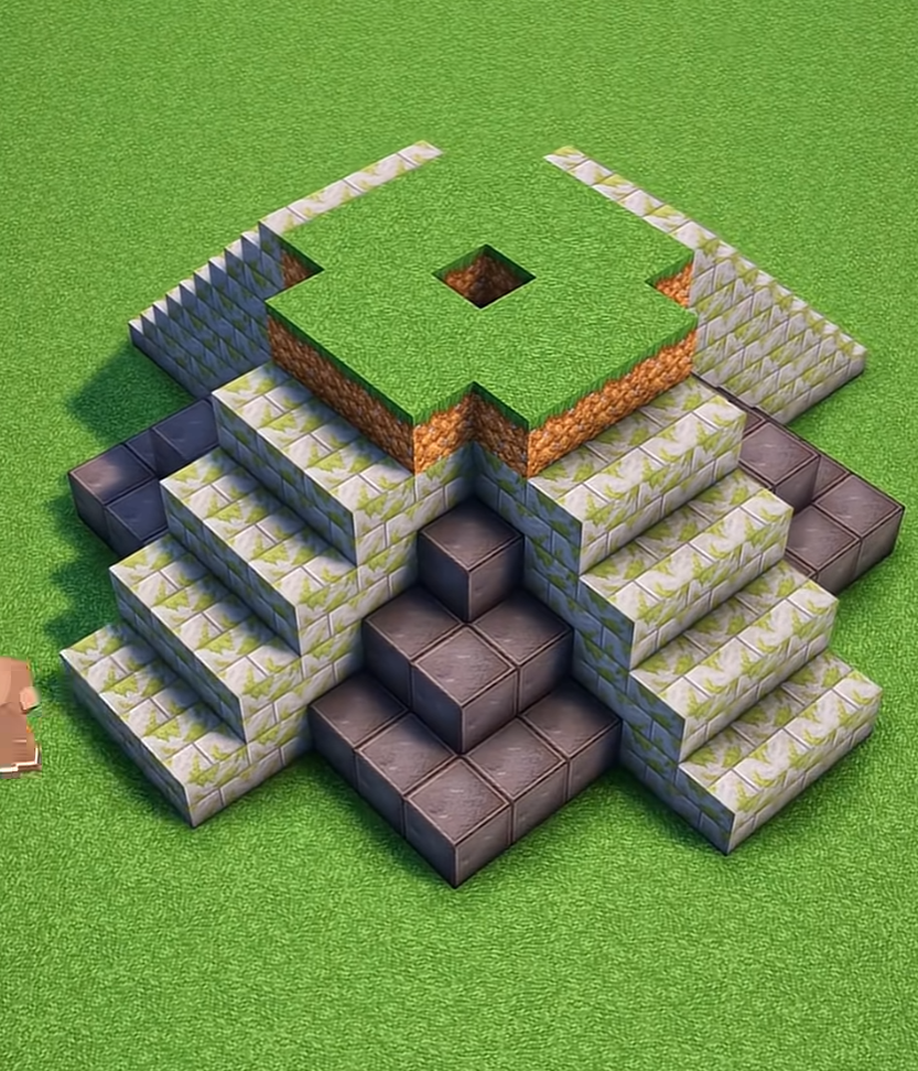A small ancient pyramid structure built with grass and mossy stone bricks