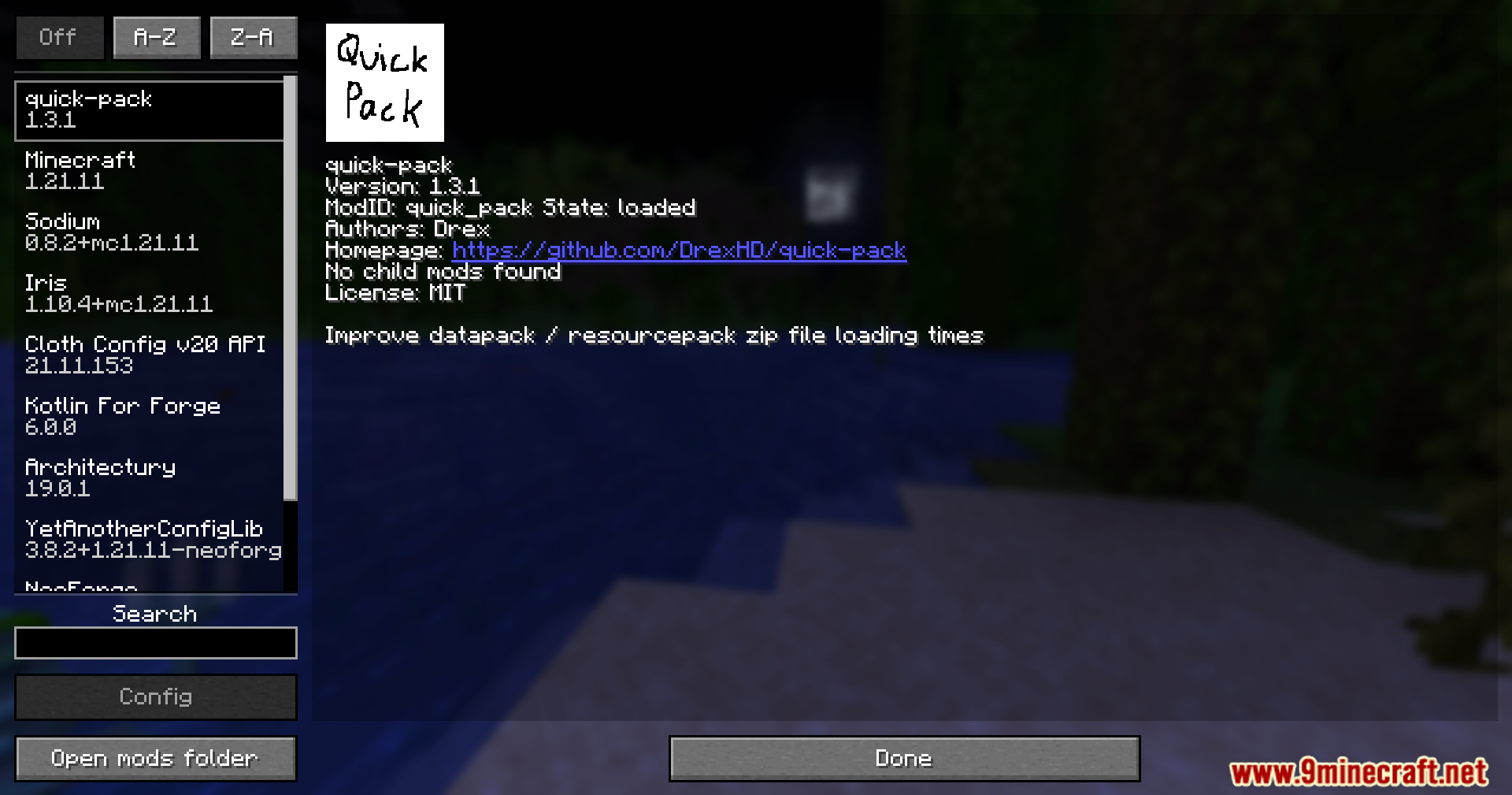 A Minecraft mod menu screen displaying details and description for Quick Pack mod