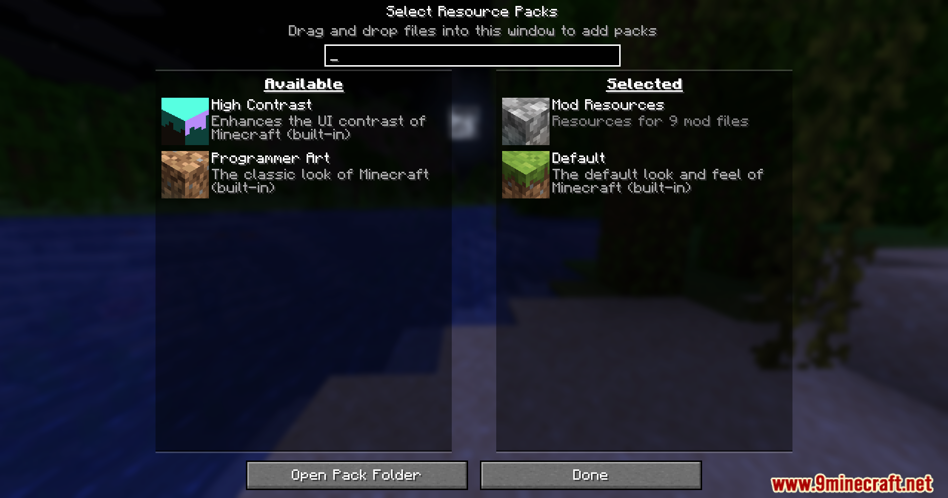 The resource pack selection screen in Minecraft showing available and active packs