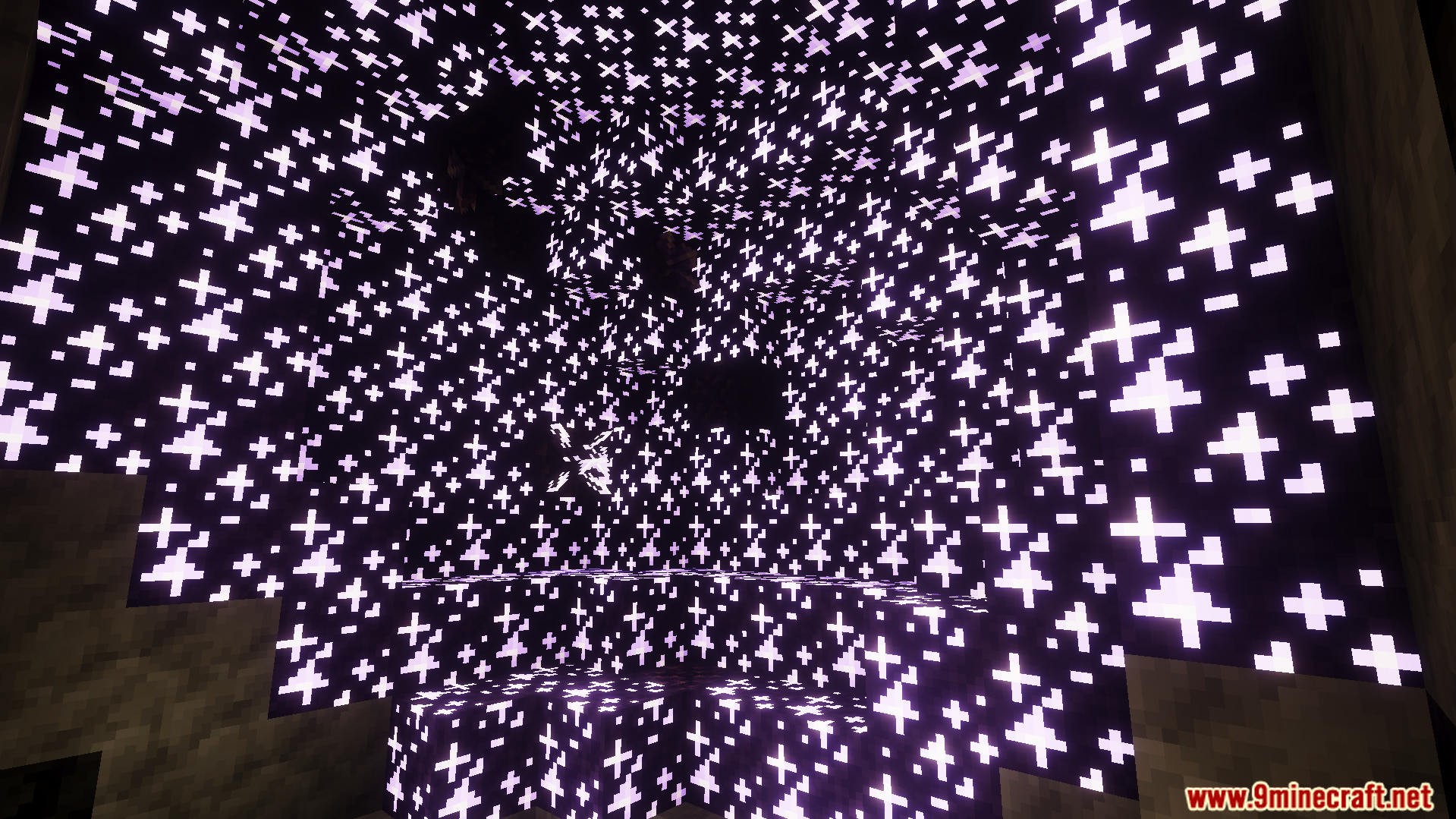 RG Visuals Shader Screenshot 1 Glowing purple cross patterns illuminate the walls of a dark cave environment
