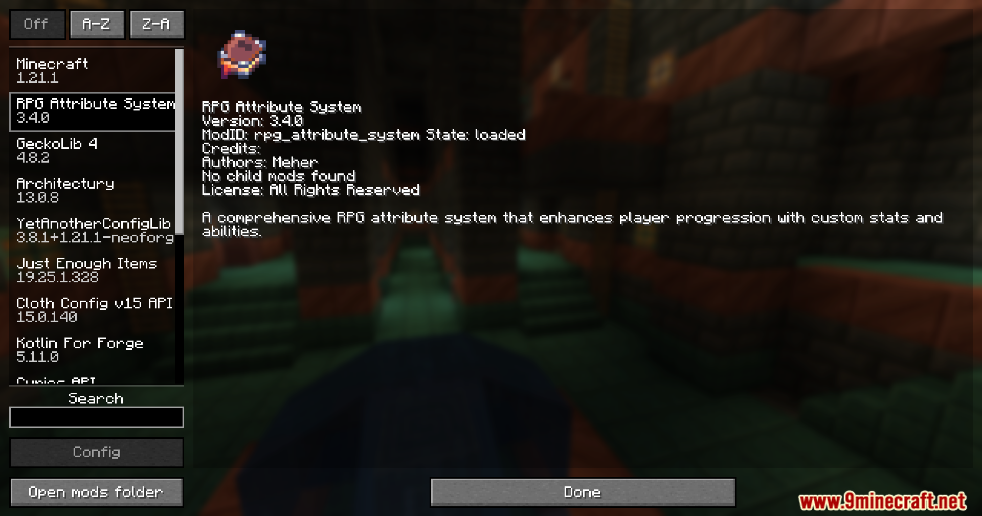 RPG Attribute System Mod Screenshot 1 The Minecraft mod menu screen showing details for the RPG Attribute System