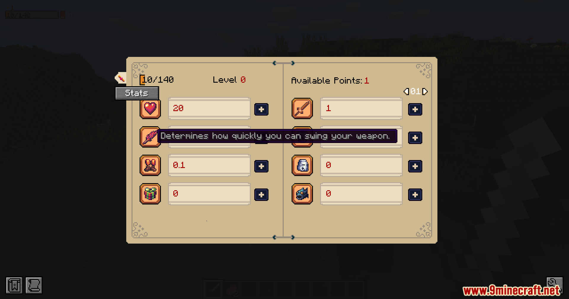 RPG Attribute System Mod Screenshot 11 RPG Attribute System menu showing character stats and weapon swing speed information
