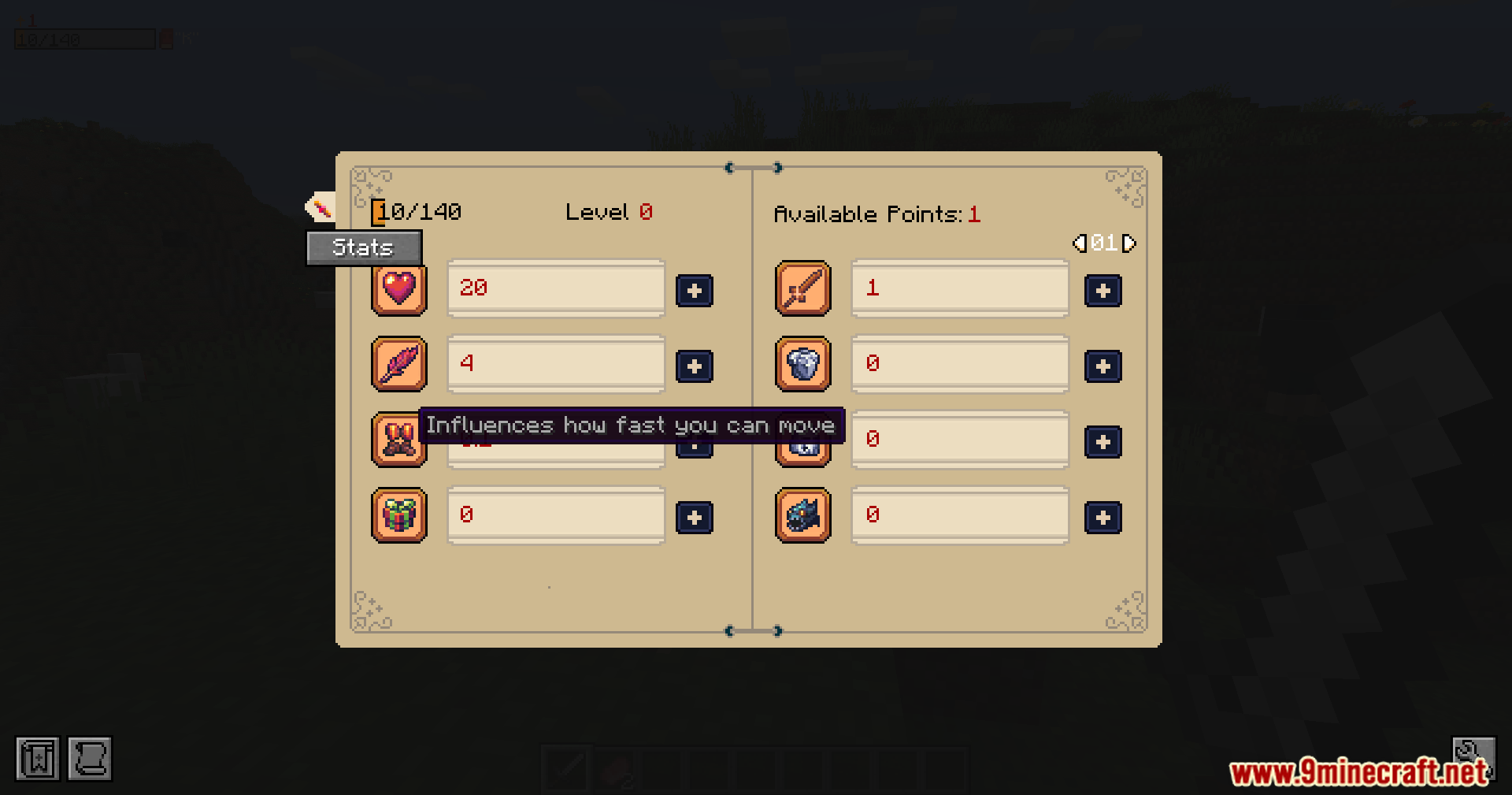 RPG Attribute System Mod Screenshot 12 Custom interface displaying player attributes and movement speed stats in Minecraft