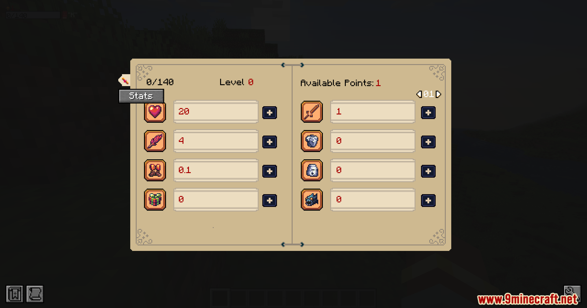 RPG Attribute System Mod Screenshot 2 A character attribute book menu displaying various stats and available level points