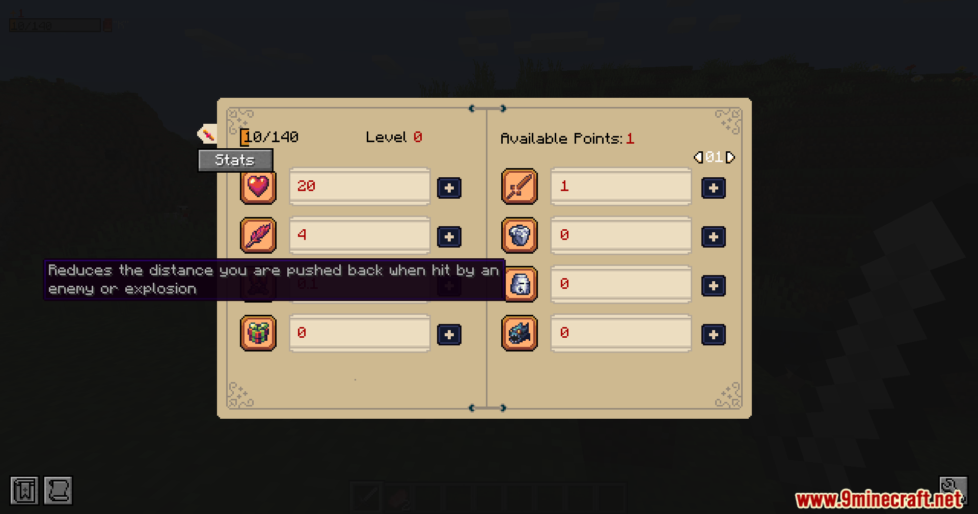 RPG Attribute System Mod Screenshot 7 Minecraft interface showing character stats with a tooltip about reducing knockback distance