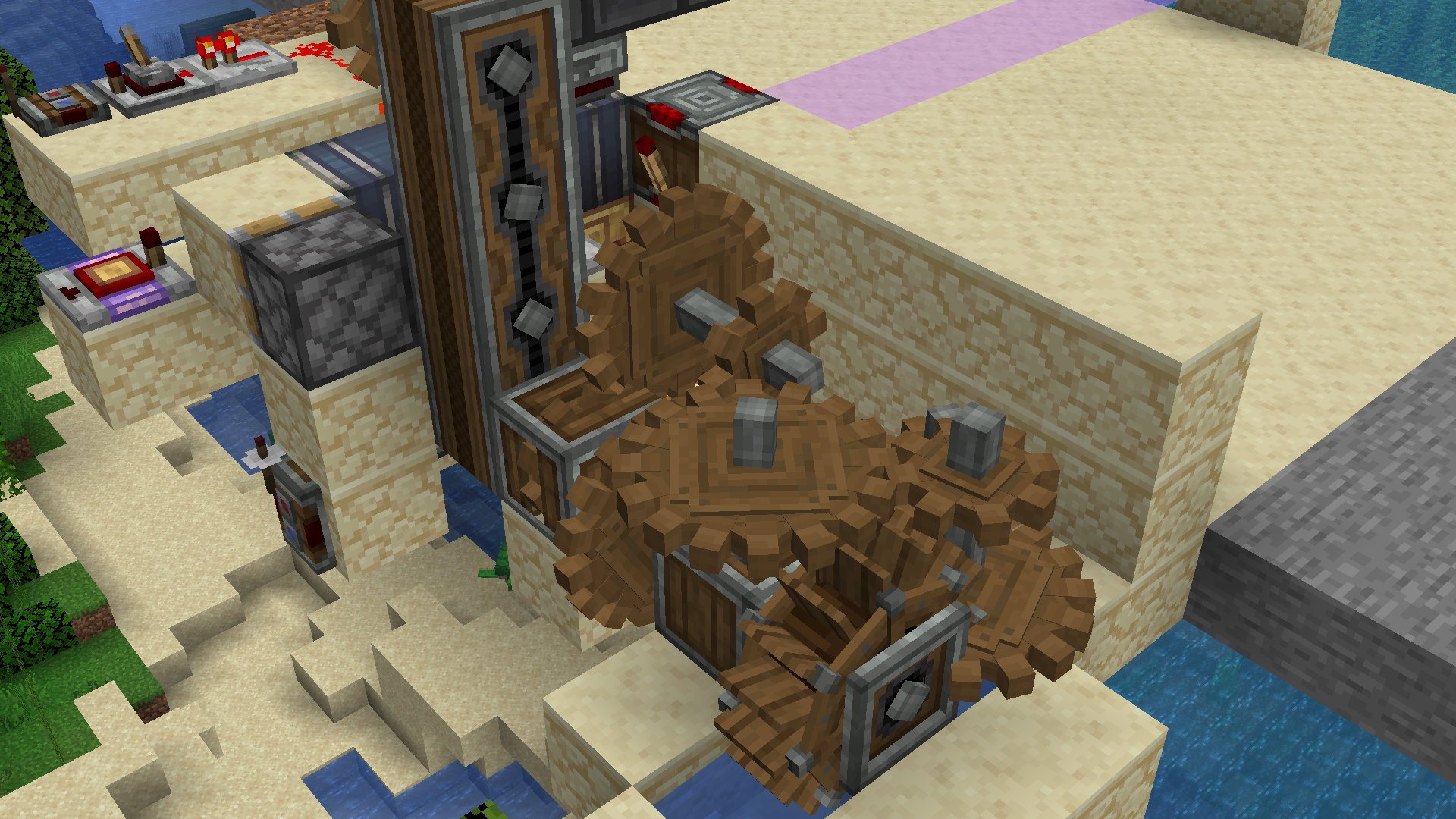 Detailed view of wooden cogwheels and belts in a mechanical redstone build