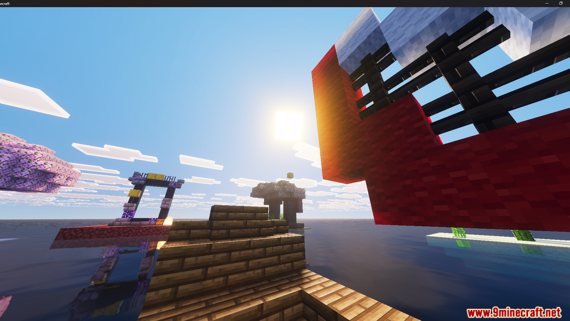 View from a wooden raft looking at a floating island with a portal