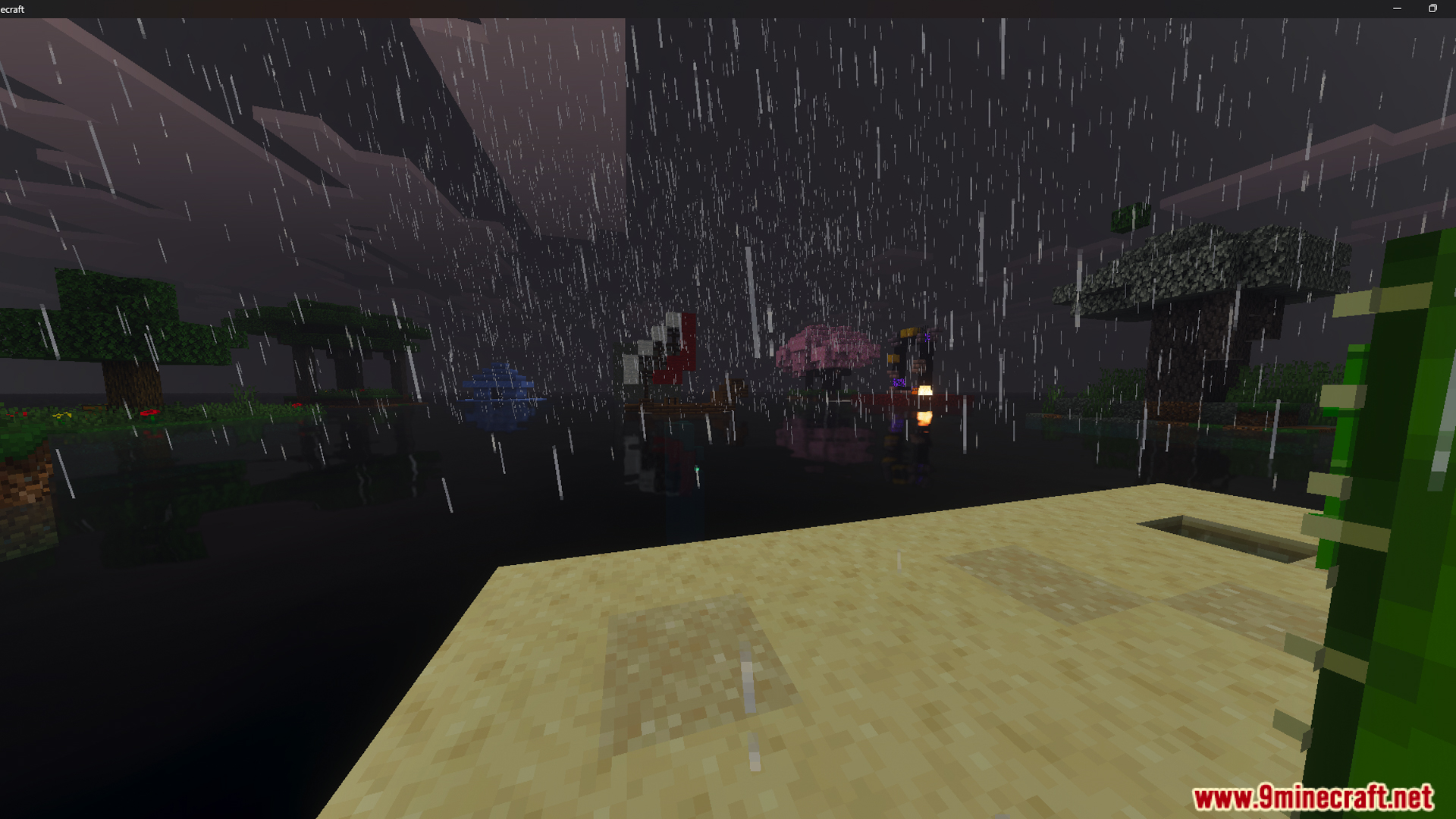 Rainy night view of distant themed islands from a survival raft