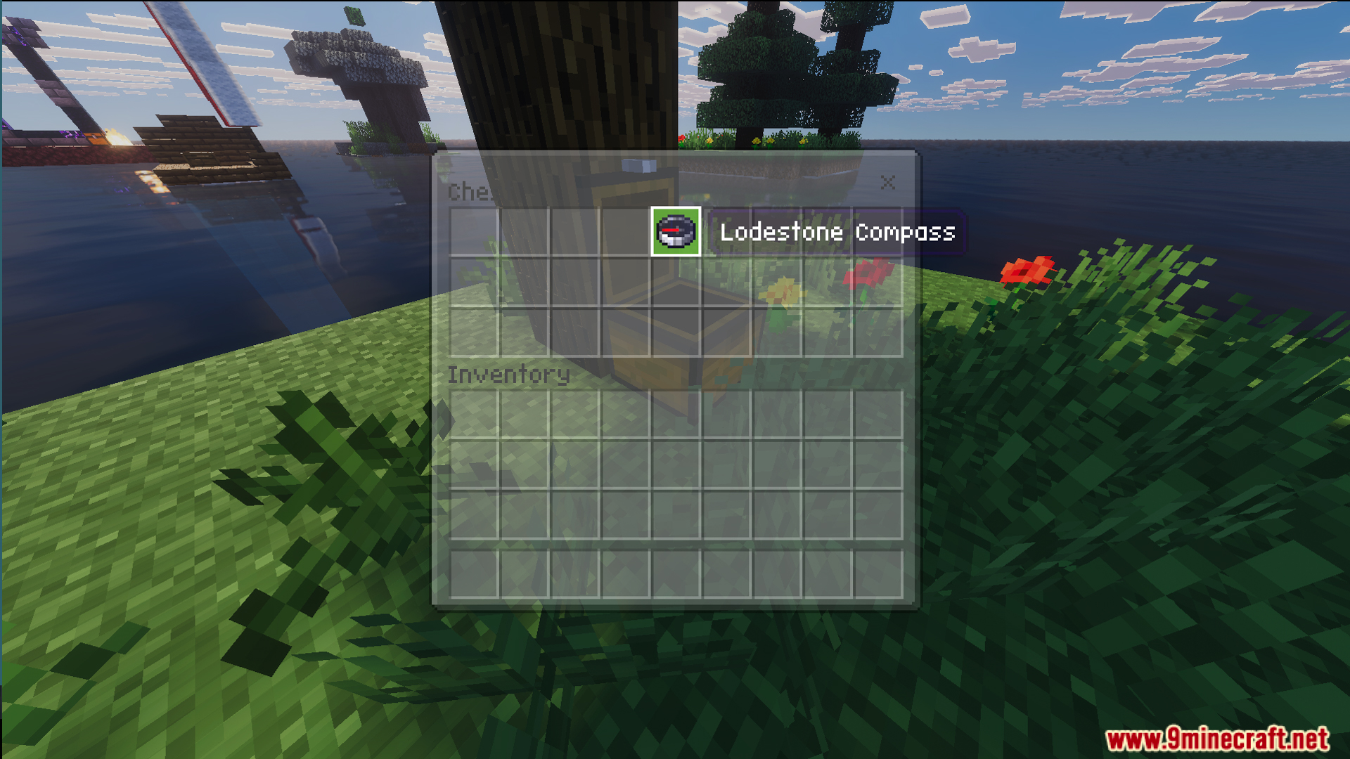 Finding a lodestone compass inside a chest on a small grassy floating island