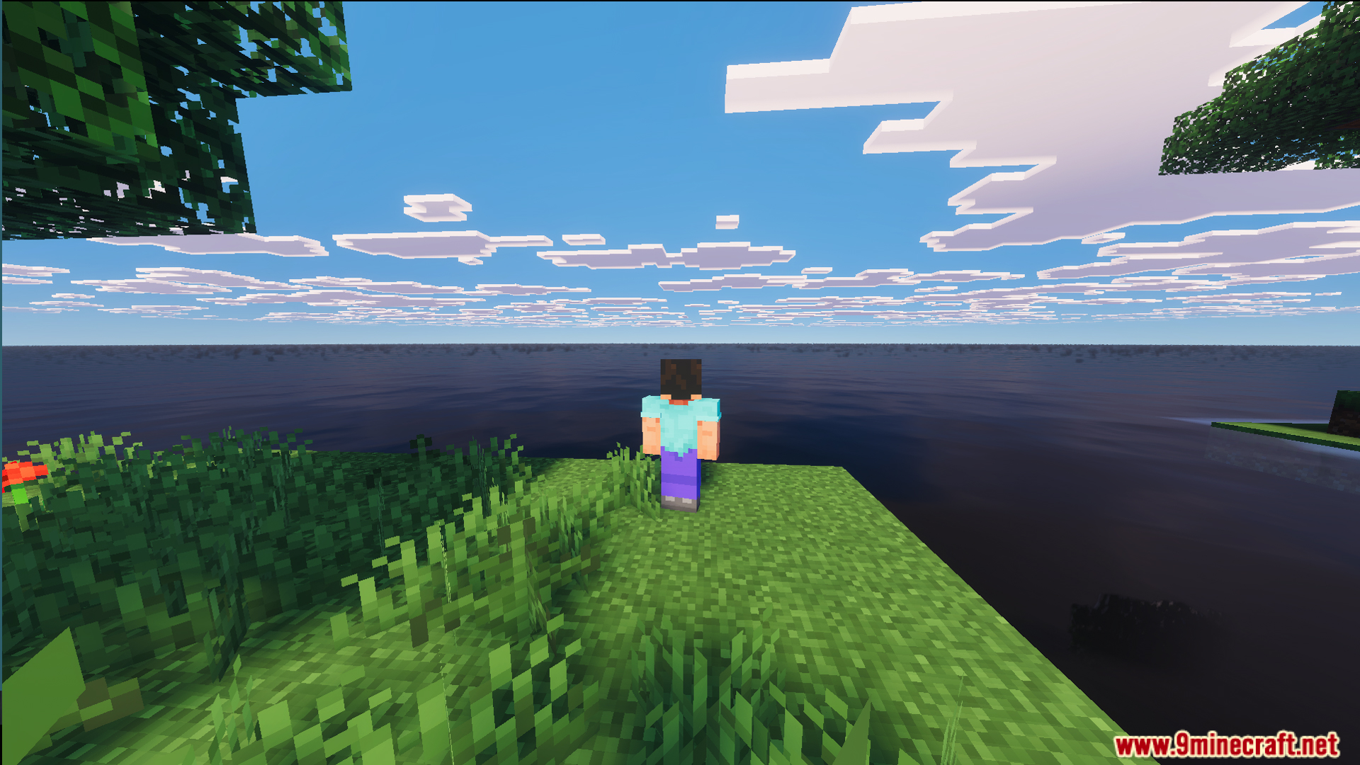 Player standing on a small grassy island in Raft Only World Ultimate Survival Map