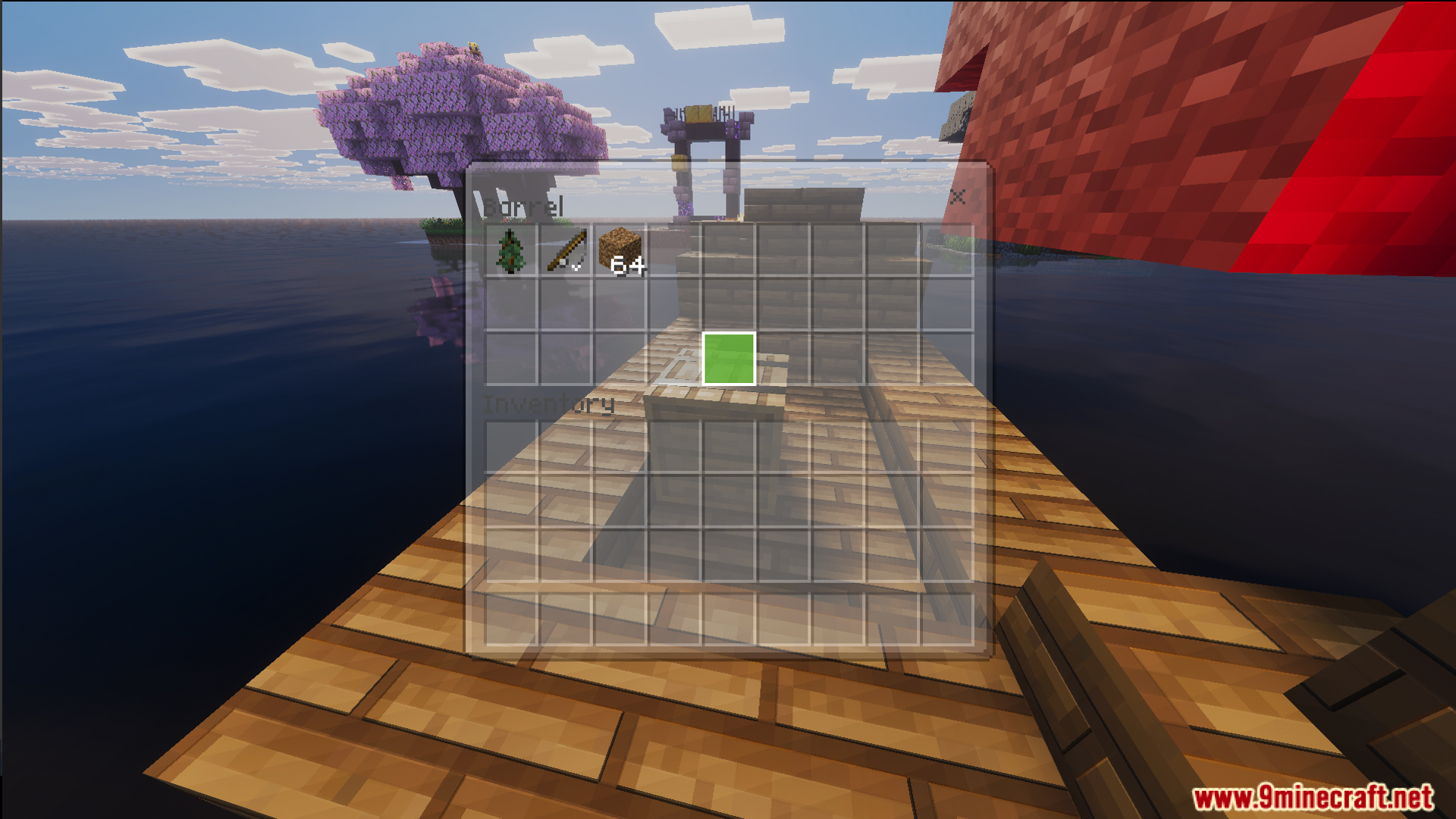 Opening a barrel with resources on a wooden raft in the open ocean