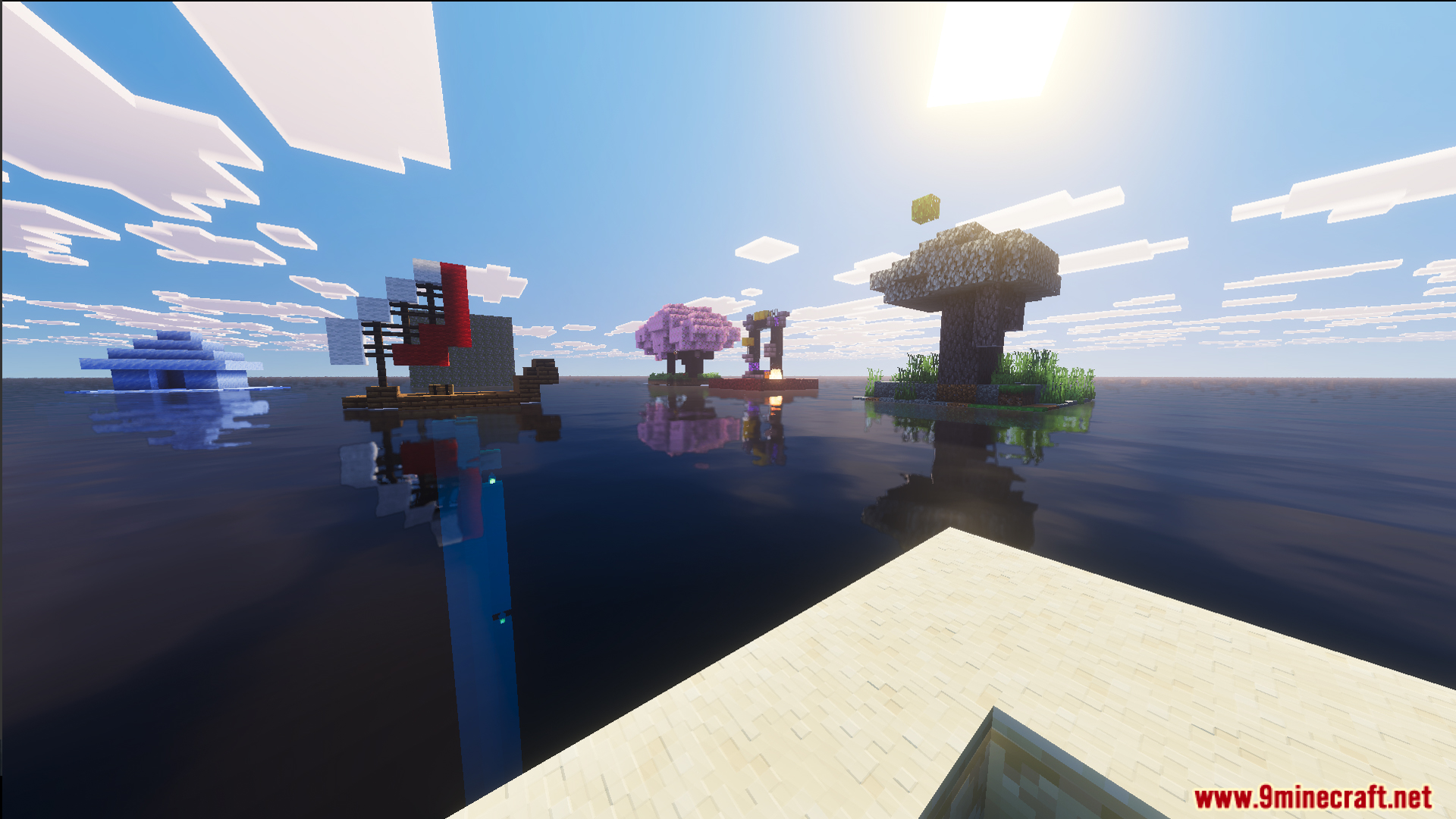 Floating islands featuring a cherry blossom tree and a ruined nether portal structure