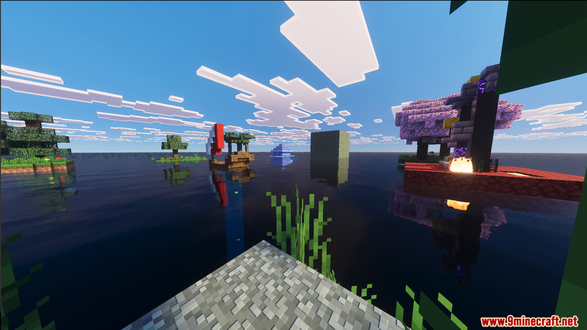 Floating islands with a ruined nether portal and a boat on the ocean
