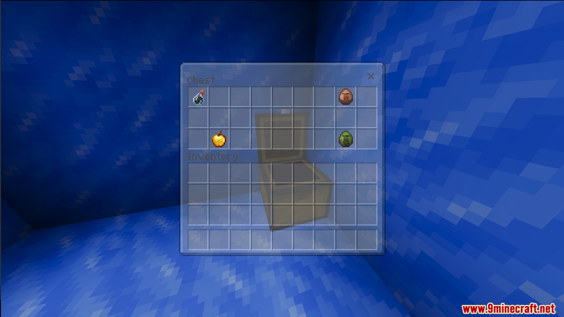 Chest inventory containing a golden apple splash potion and two mob spawn eggs