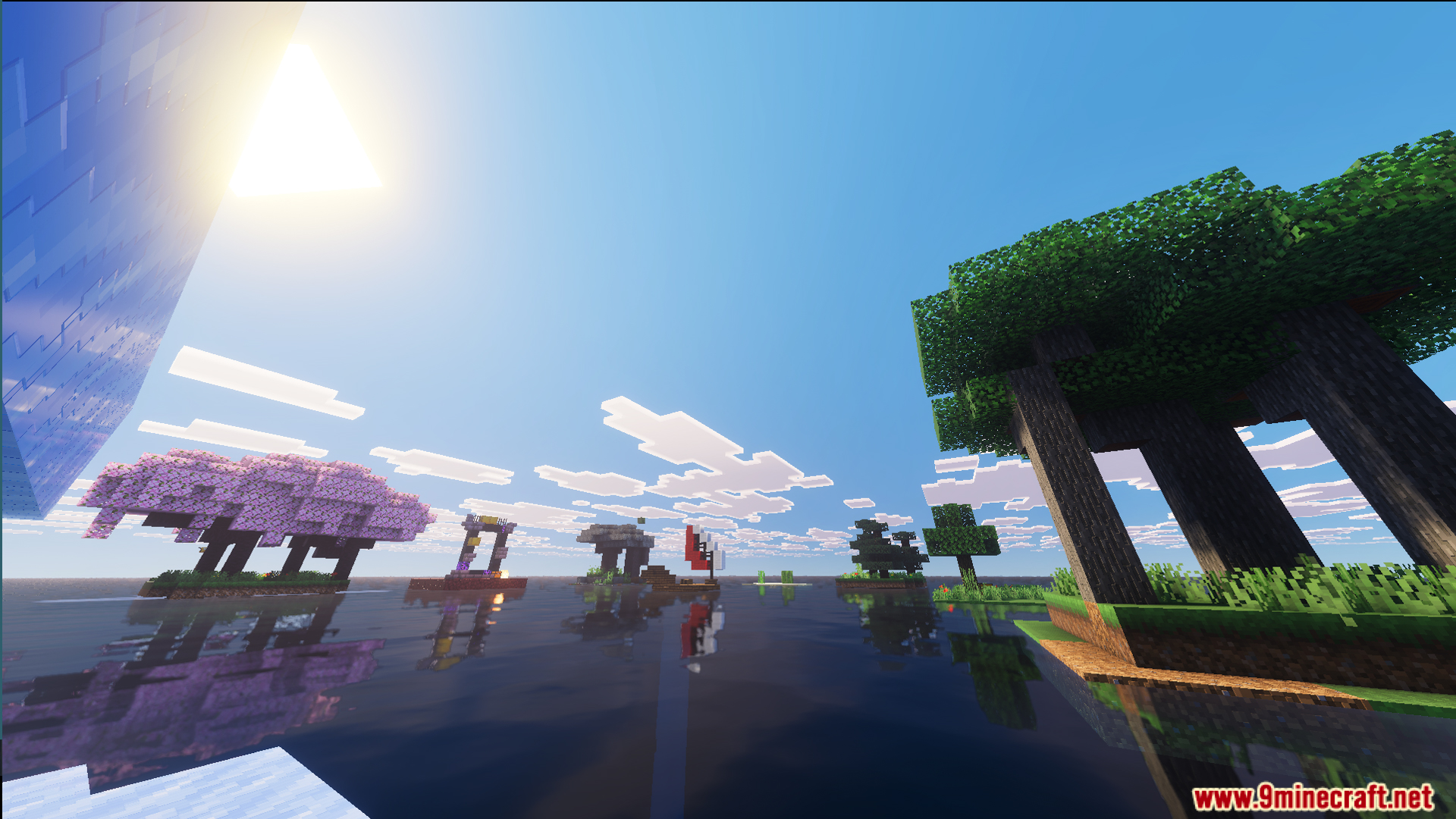Floating islands with trees and ruined portals scattered across the vast ocean water