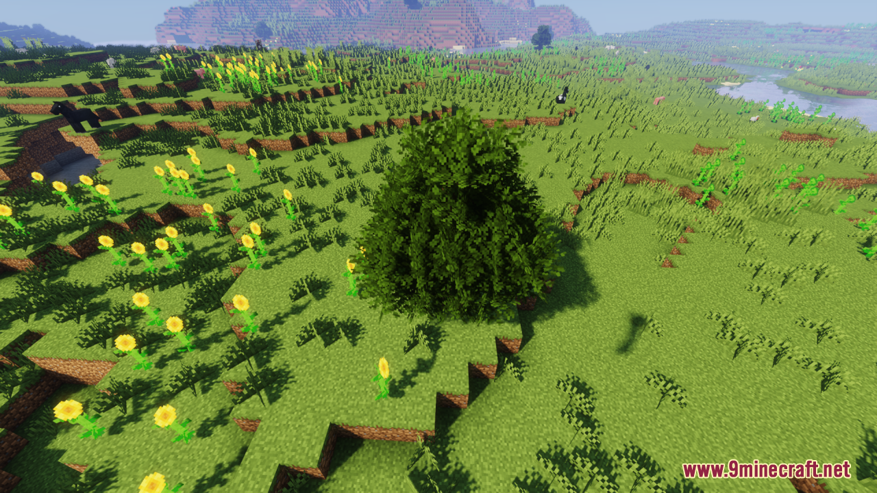 Rainbow's Foliage Resource Pack Screenshot 1 Rainbow Foliage resource pack makes trees look bushier in a sunflower field