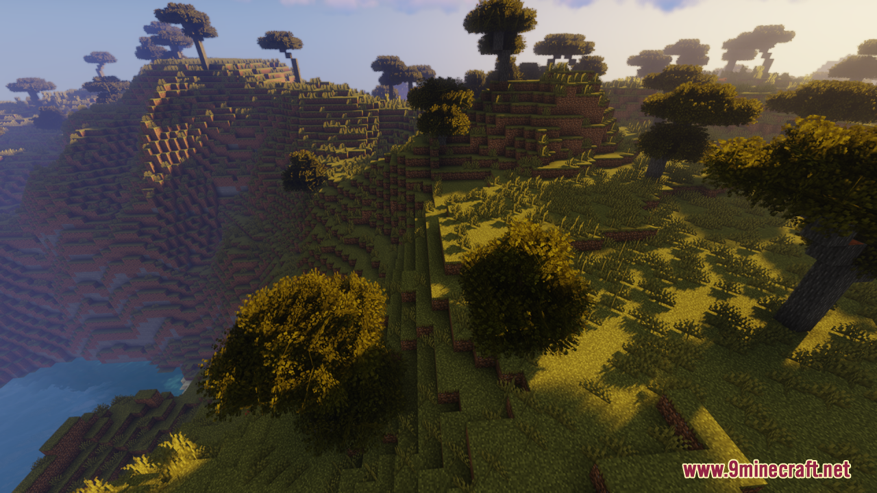 Rainbow's Foliage Resource Pack Screenshot 11 Dense and bushy tree leaves enhance the look of a savanna landscape