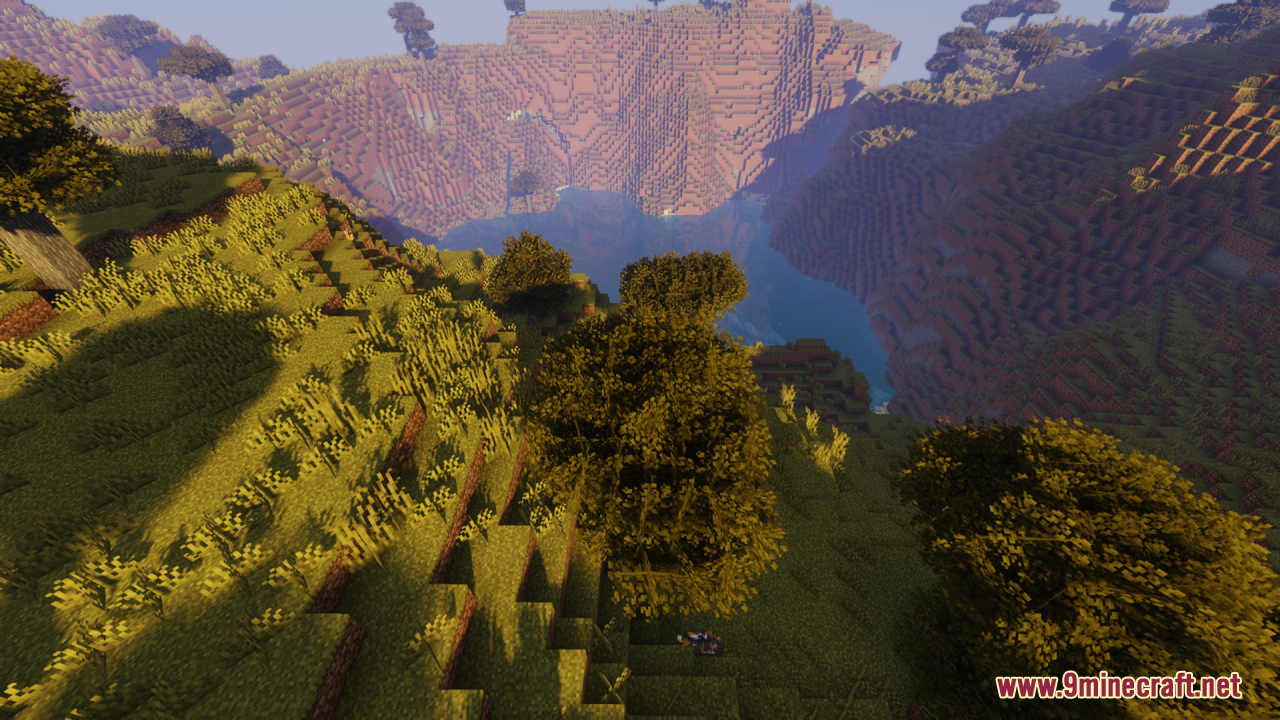 Rainbow's Foliage Resource Pack Screenshot 12 Looking down from a cliff at bushy trees and a flowing river