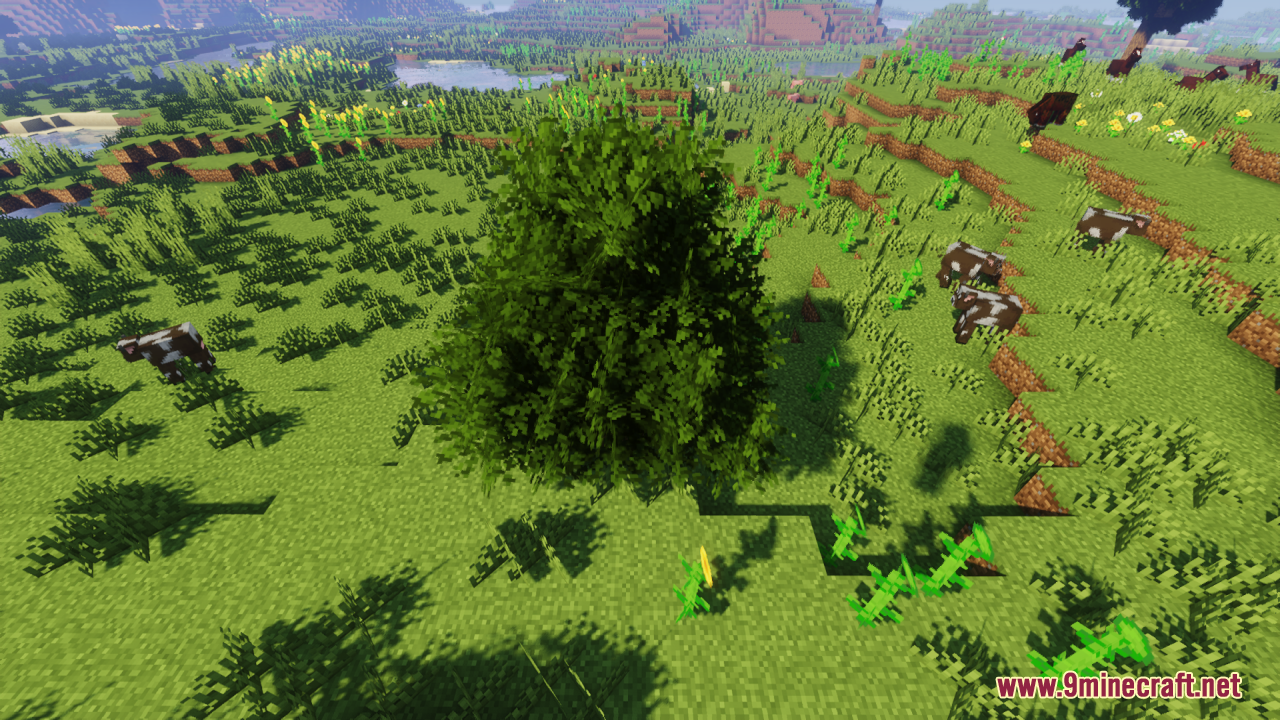 Rainbow's Foliage Resource Pack Screenshot 3 Bushy green tree standing in a grassy field with several grazing cows