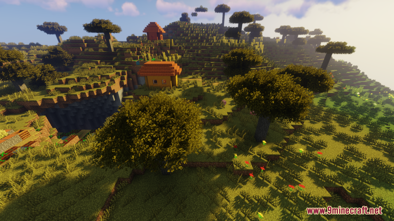 Rainbow's Foliage Resource Pack Screenshot 8 Bushy trees and small houses on a hill during a warm sunset