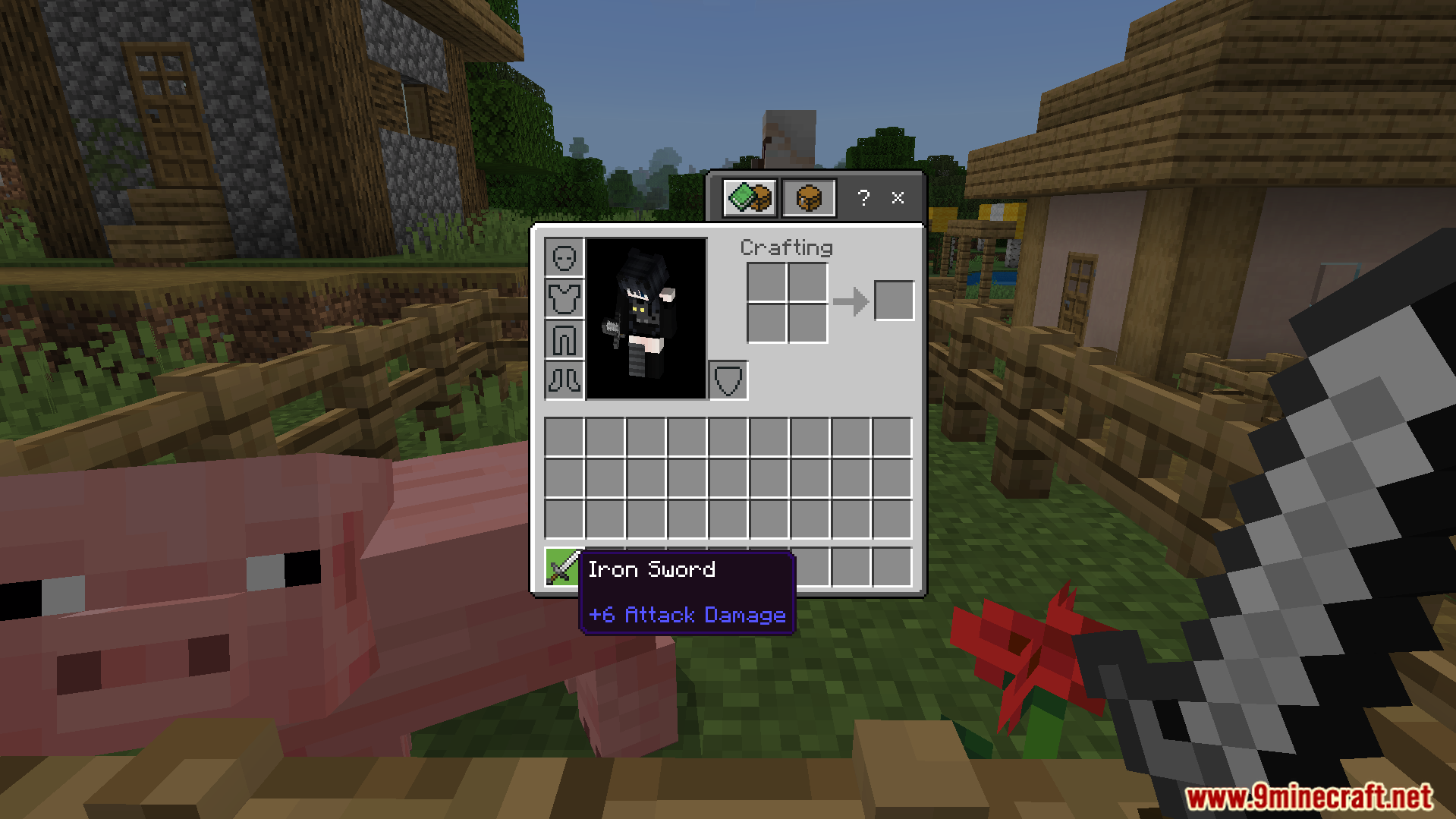 Random Enchant on Attack Addon Screenshot 1 Minecraft player viewing an unenchanted iron sword in their inventory near a pig