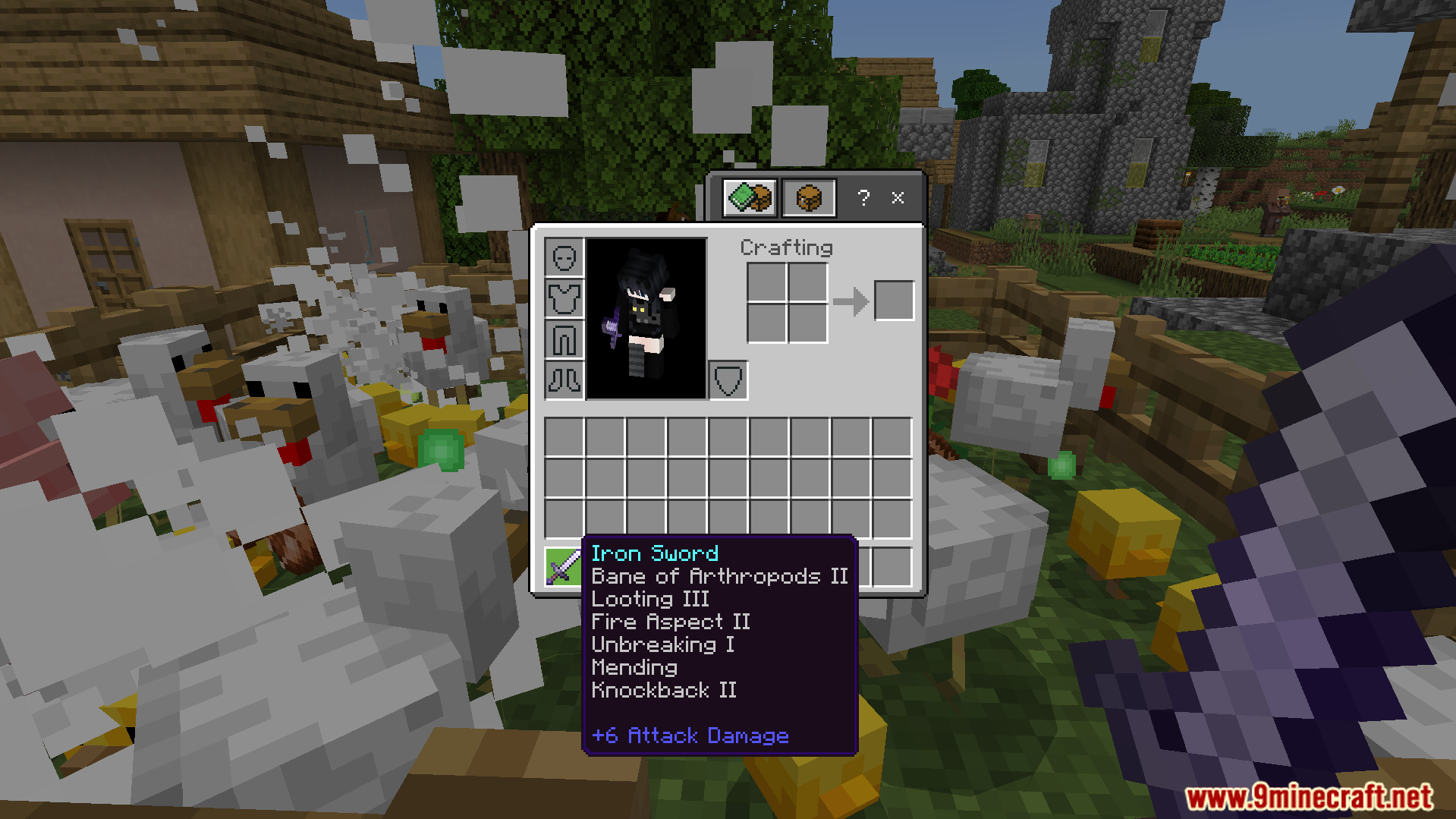 Random Enchant on Attack Addon Screenshot 6 Inventory screen showing an iron sword with several enchantments from attacking entities