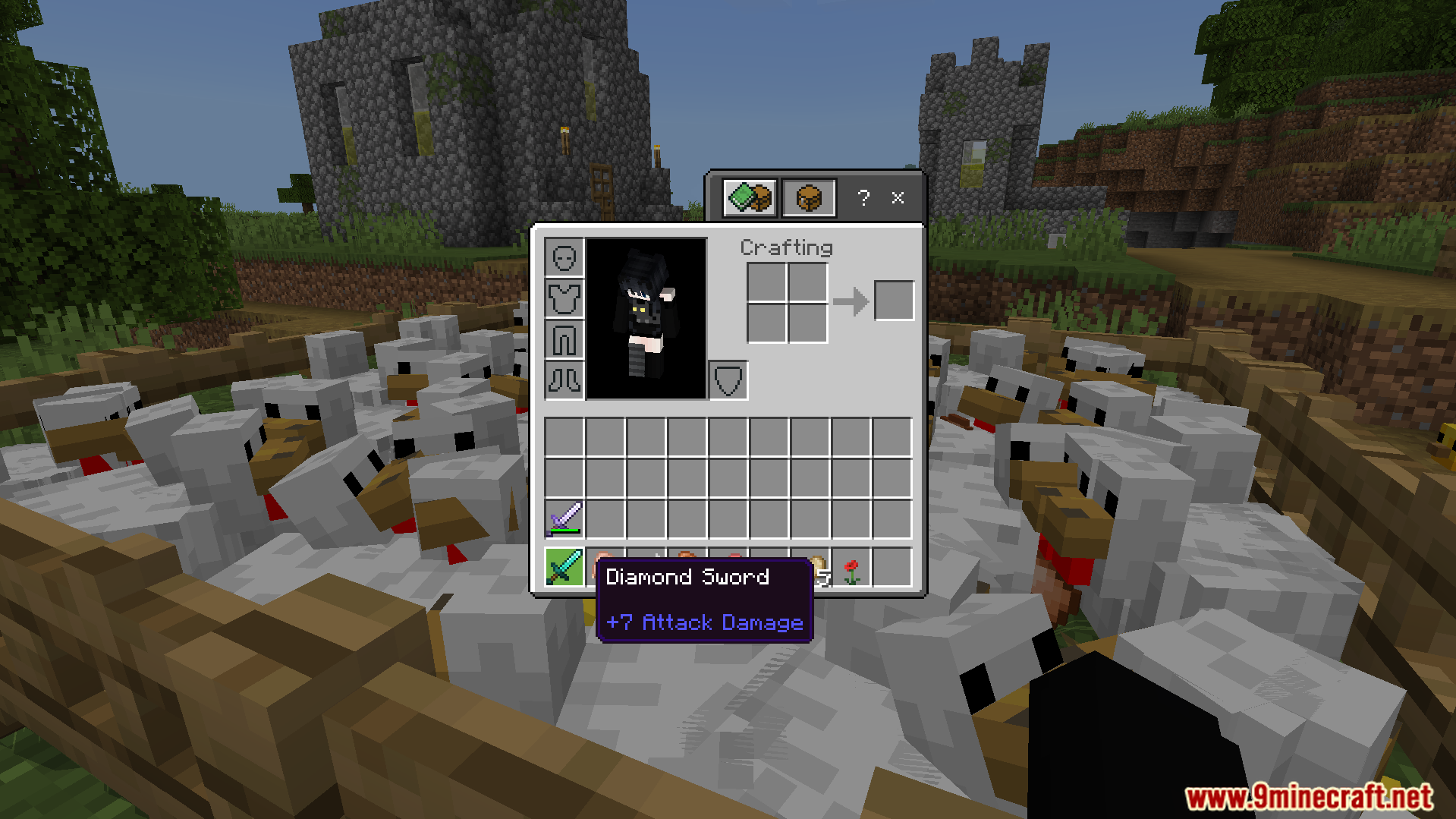 Random Enchant on Attack Addon Screenshot 7 Player holding a basic diamond sword while standing inside a crowded chicken pen