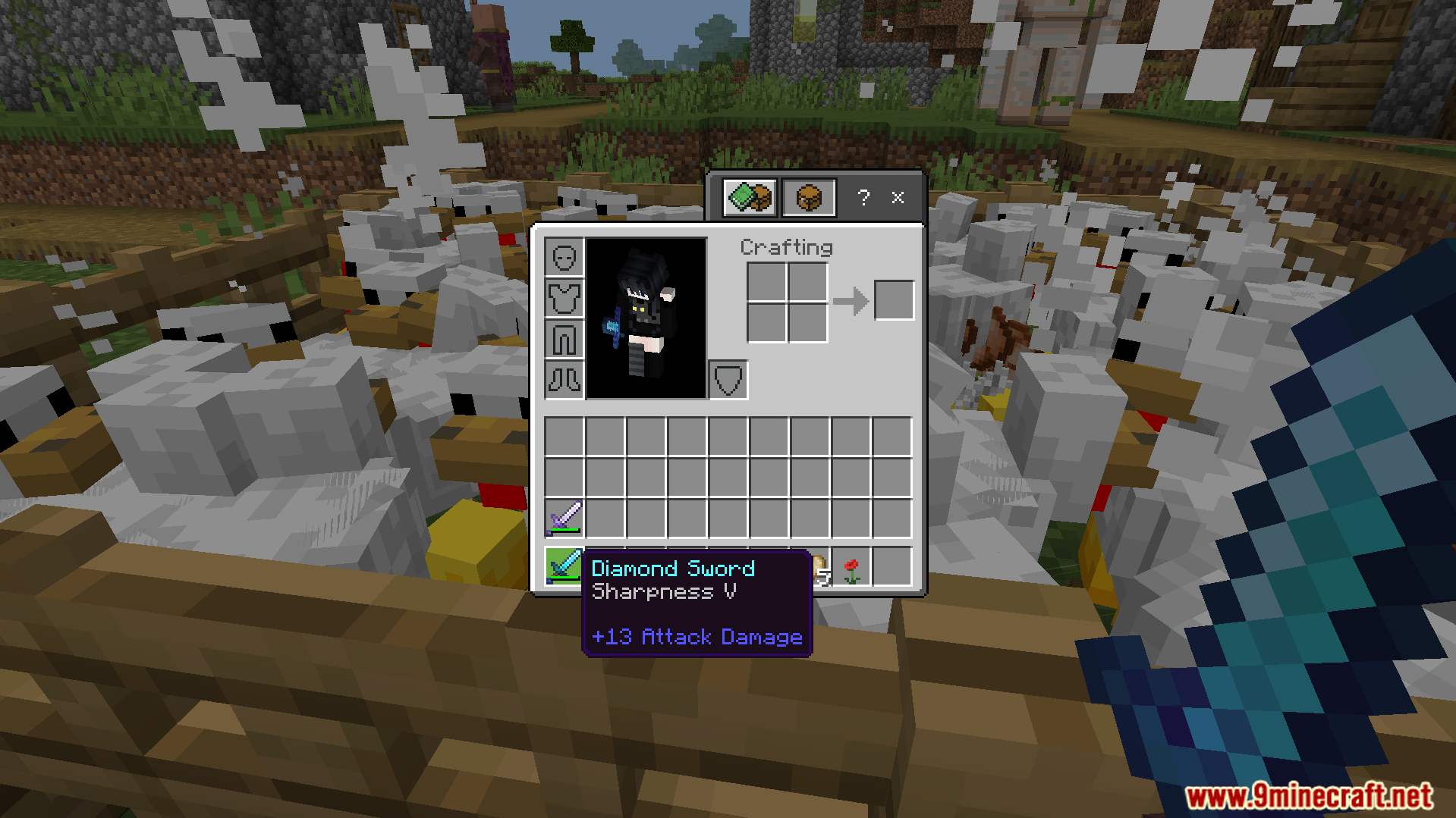 Random Enchant on Attack Addon Screenshot 8 Held diamond sword receives a random Sharpness V enchantment after hitting a chicken