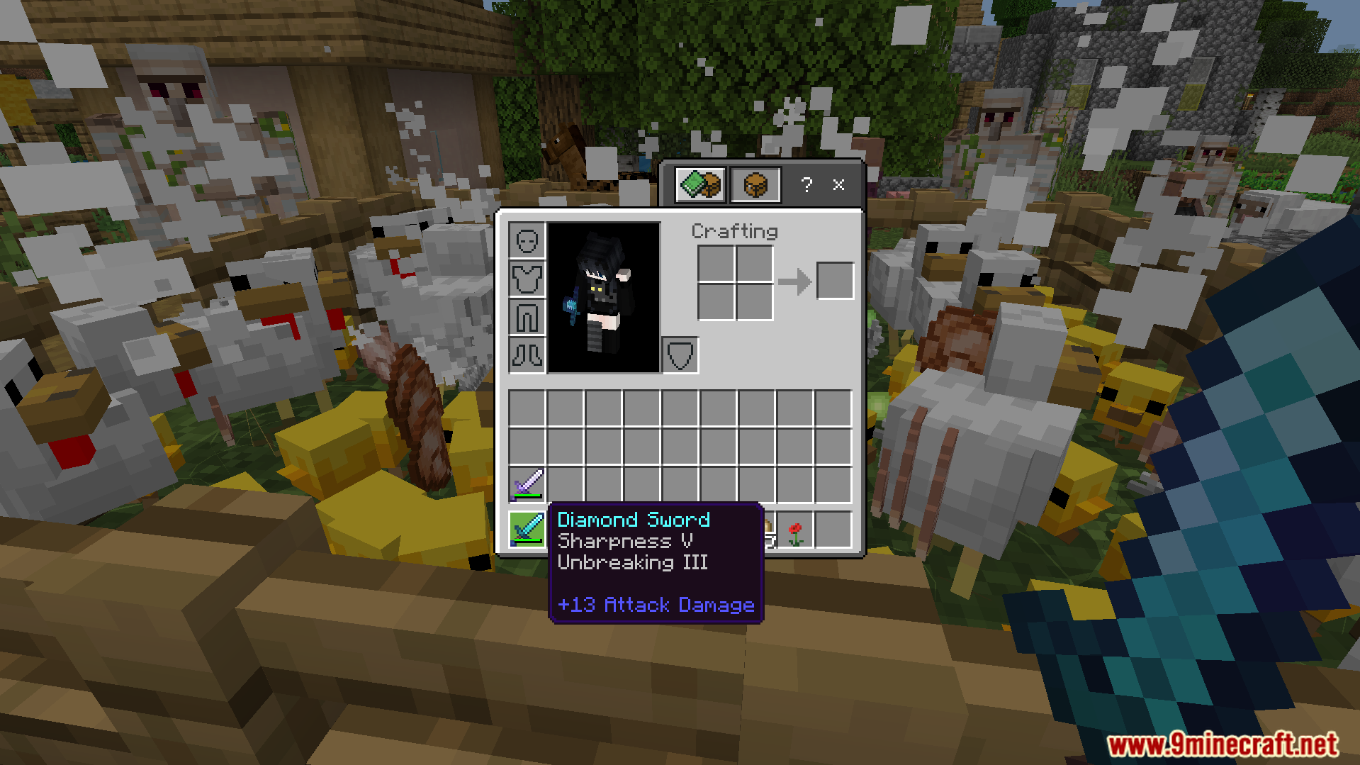Random Enchant on Attack Addon Screenshot 9 Inventory showing a diamond sword with enchantments gained from hitting nearby mobs