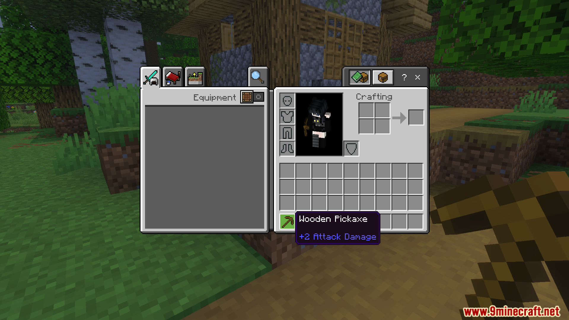 Random Enchantment Addon Screenshot 2 A wooden pickaxe in the player inventory with a random enchantment applied
